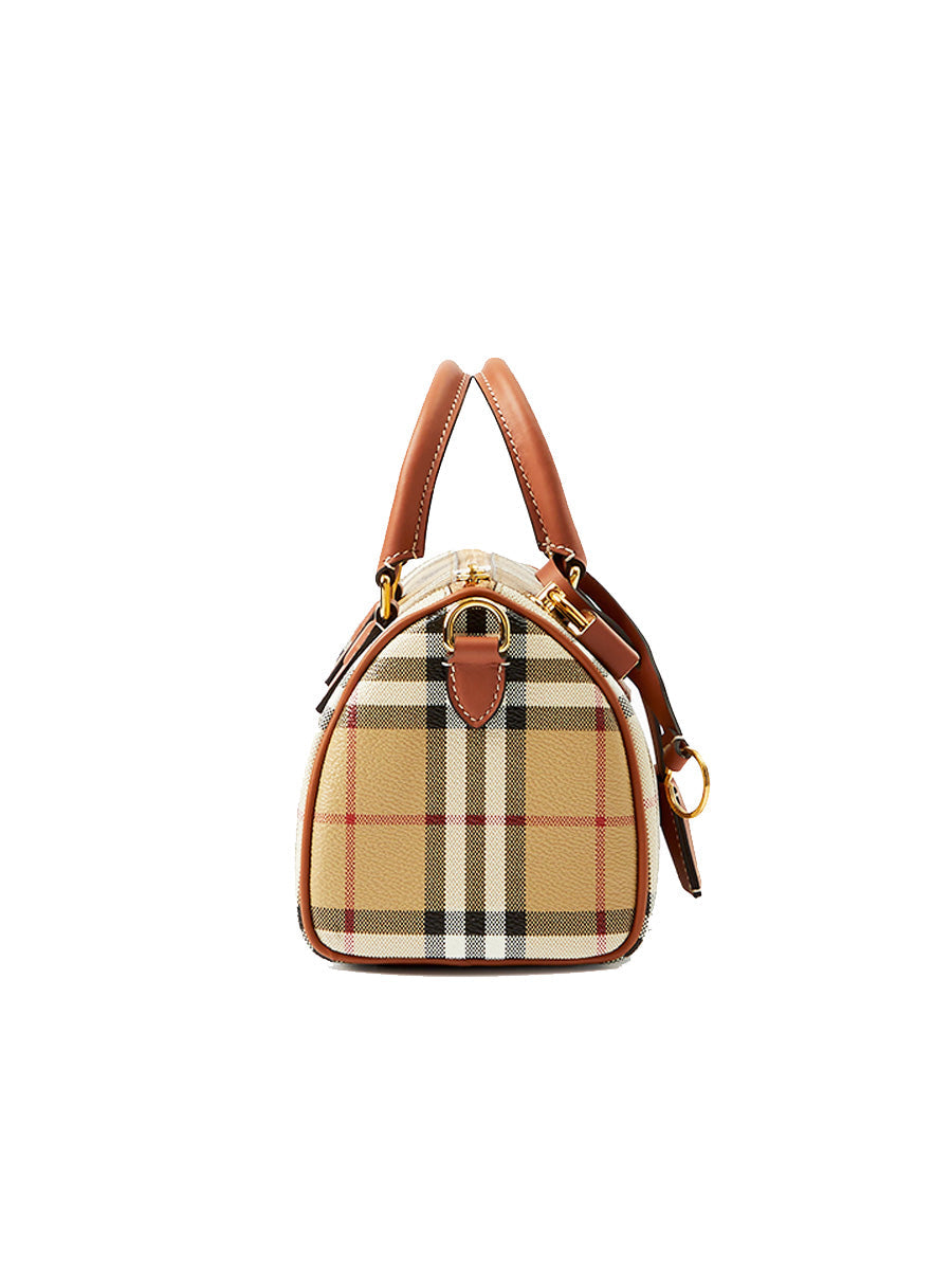 Check and Leather Mini Bowling Bag in Archive Beige