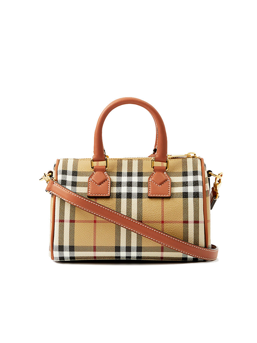 Check and Leather Mini Bowling Bag in Archive Beige