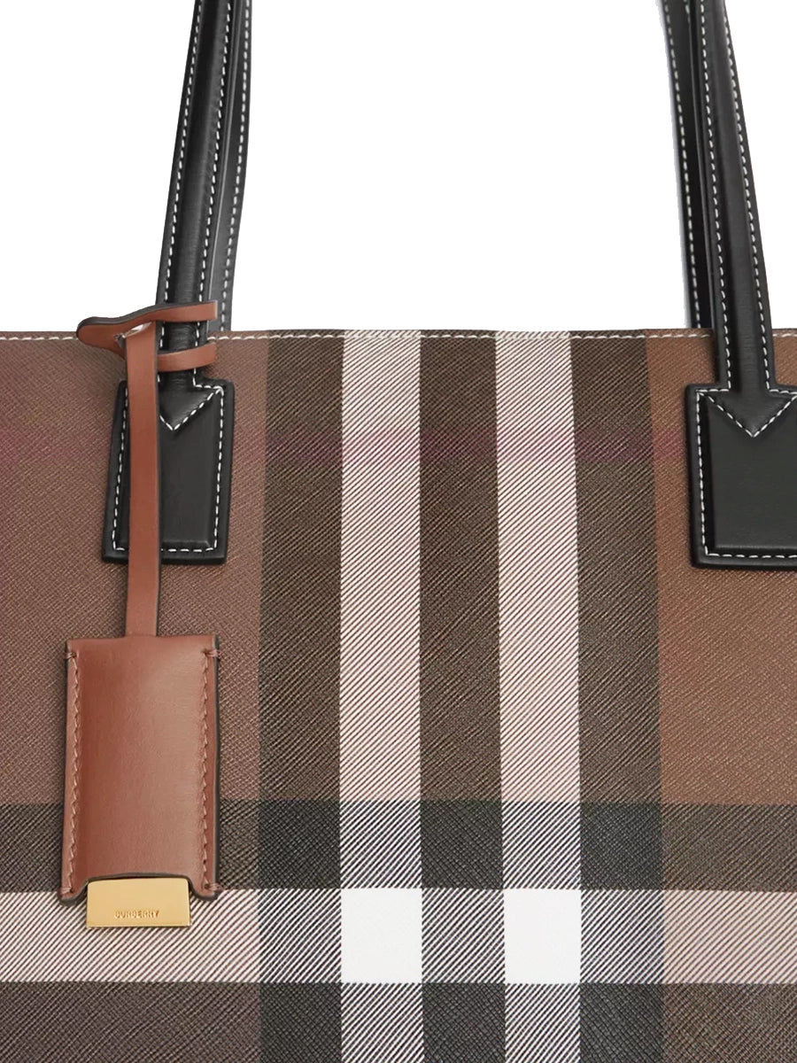 Check and Leather Medium Tote in Dark Birch Brown