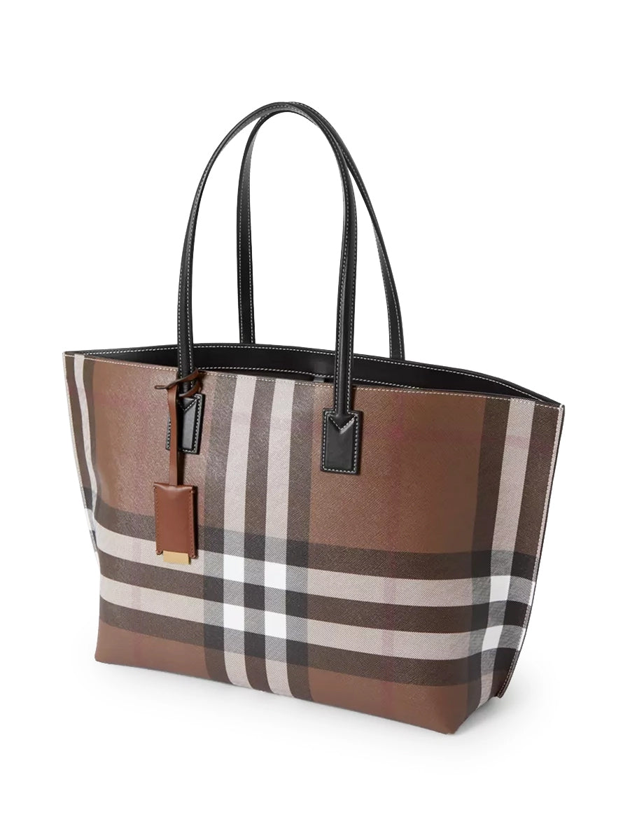 Check and Leather Medium Tote in Dark Birch Brown