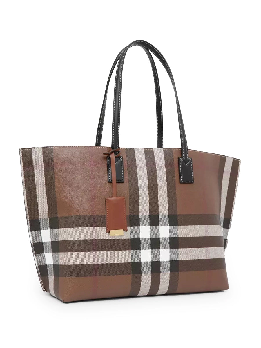 Check and Leather Medium Tote in Dark Birch Brown
