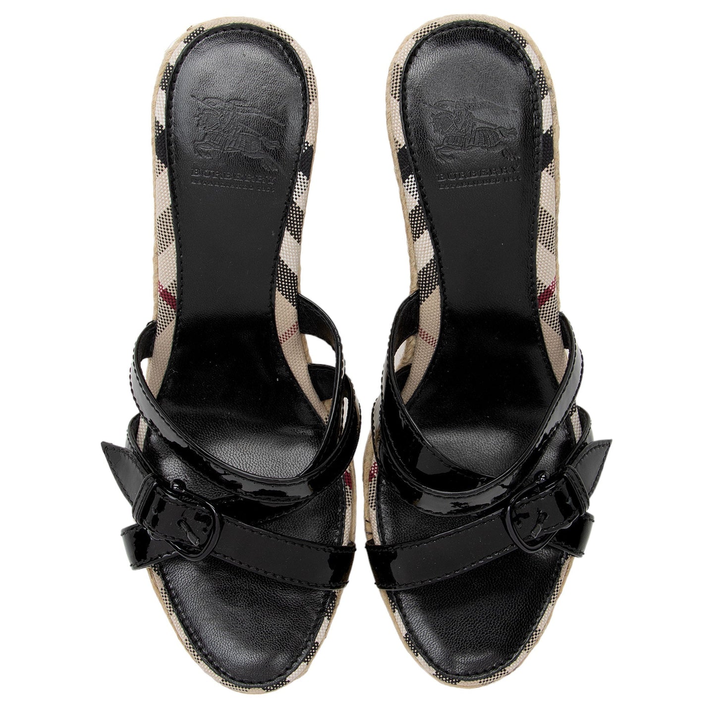 Burberry Patent Leather Check Wedge Sandals - Size 7 / 37 (SHF-lauoUK)