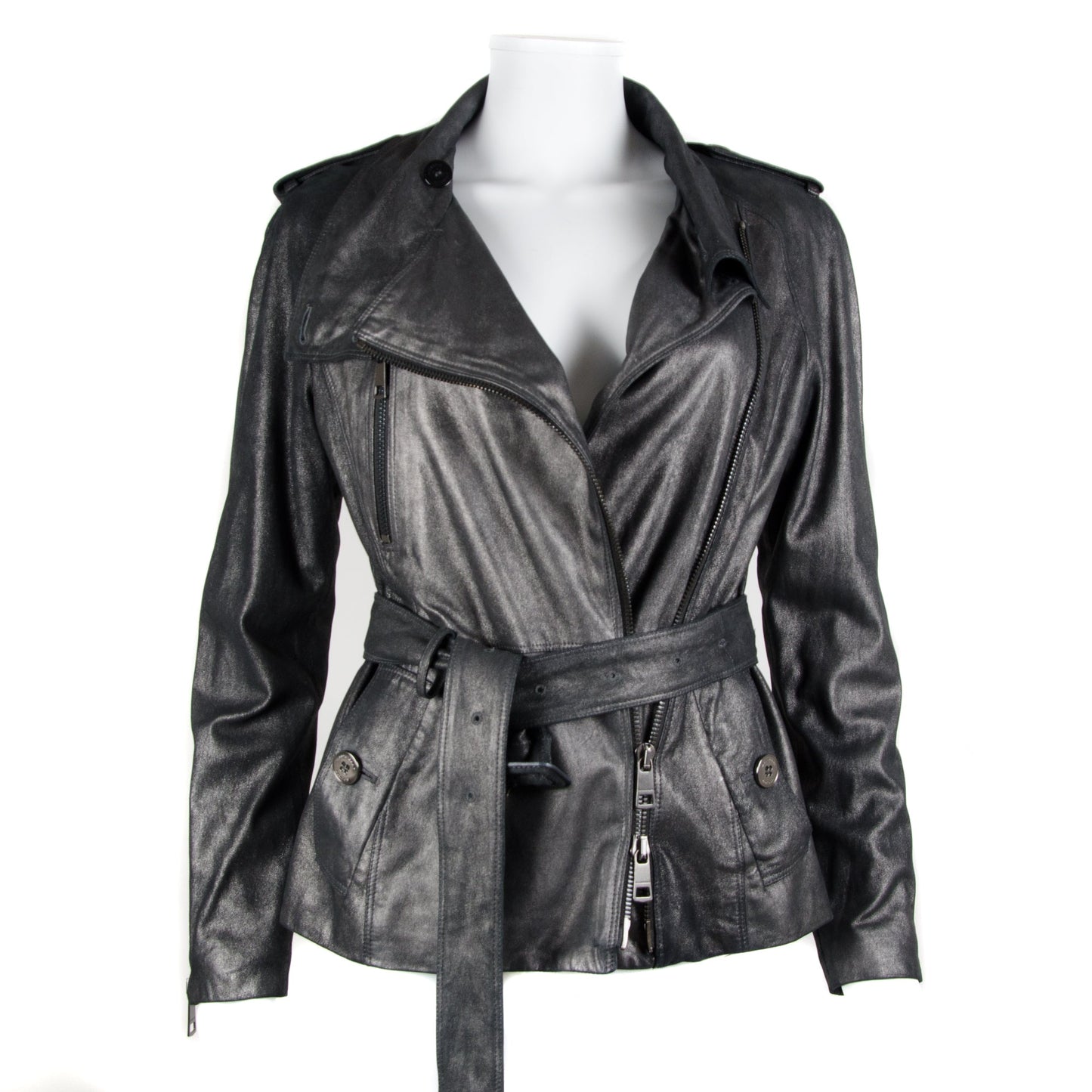 Grey Metallic Leather Belted Jacket