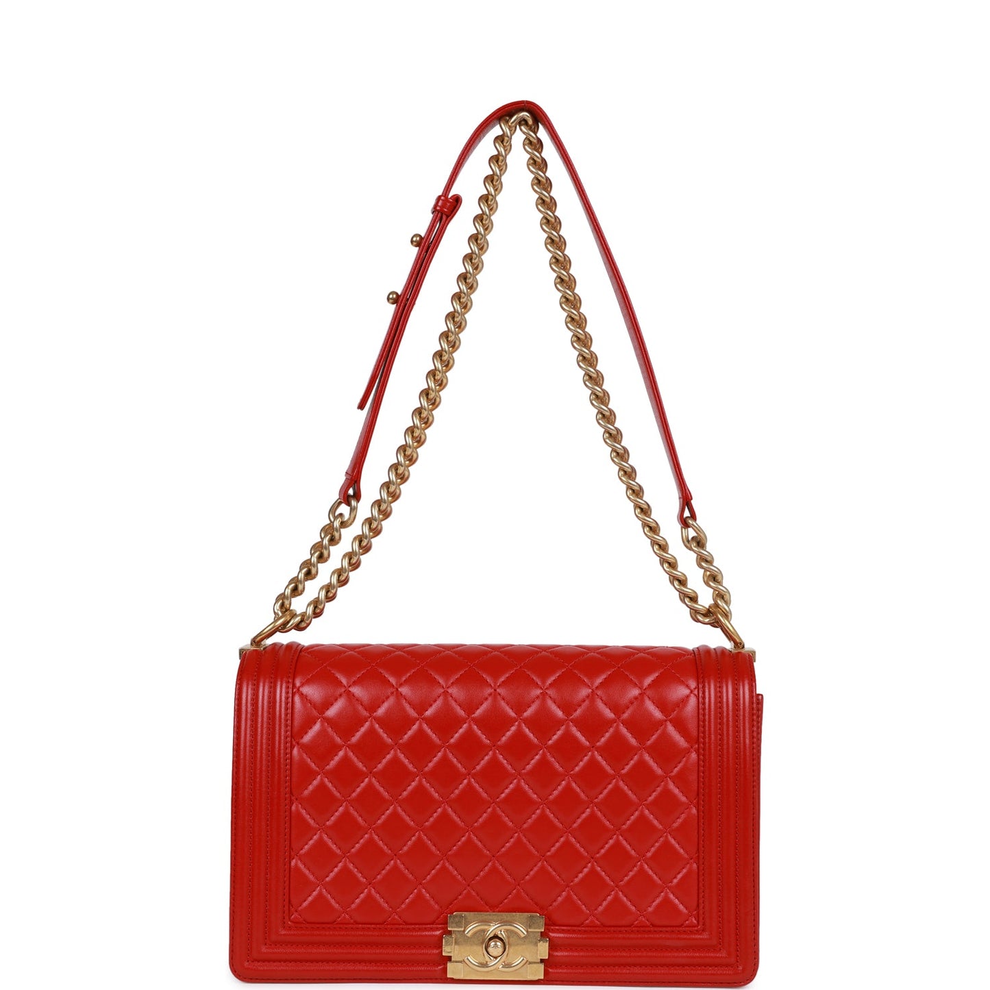 Pre-owned Chanel New Medium Boy Bag Red Lambskin Antique Gold Hardware