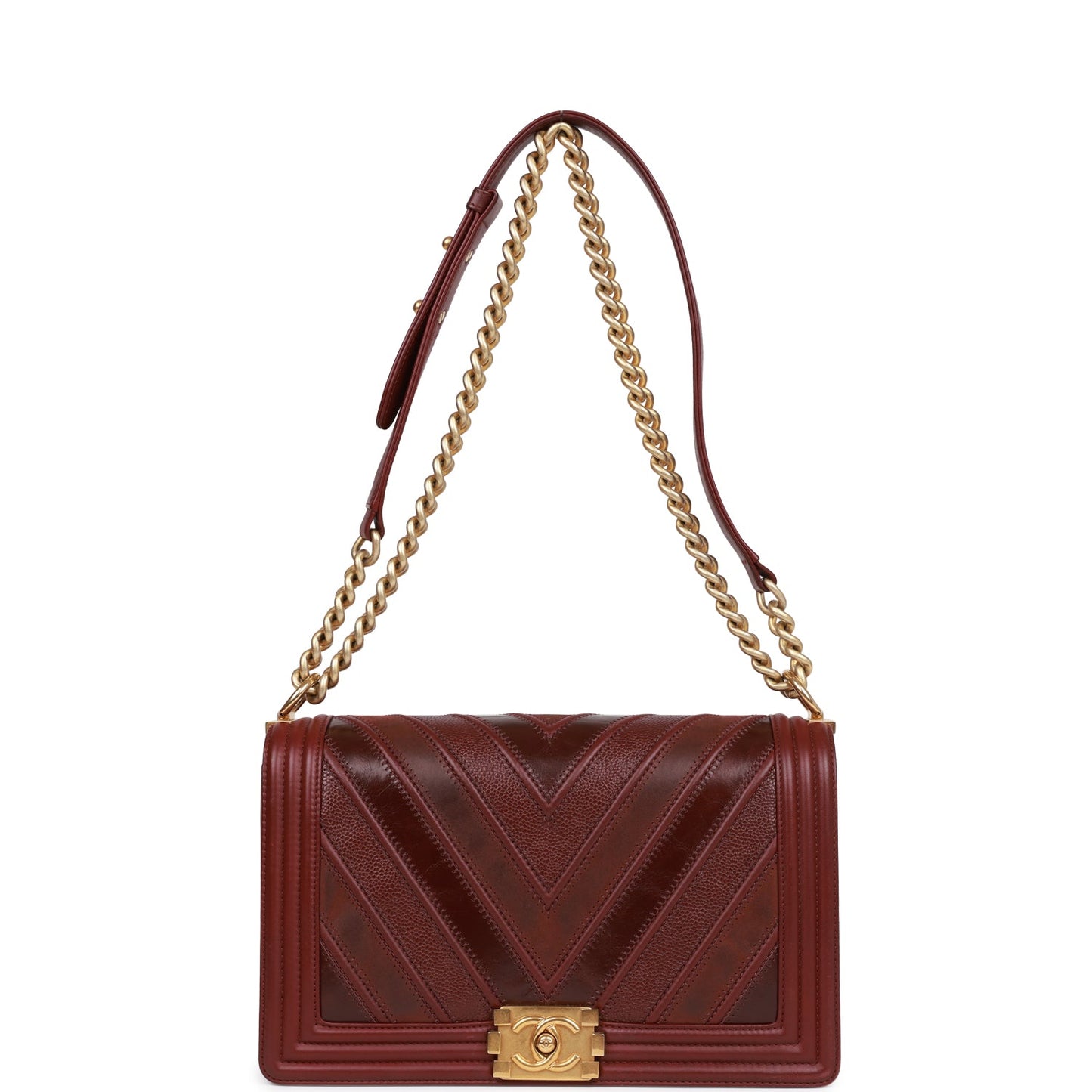 Pre-owned Chanel New Medium Boy Bag Burgundy Chevron Antique Gold Hardware