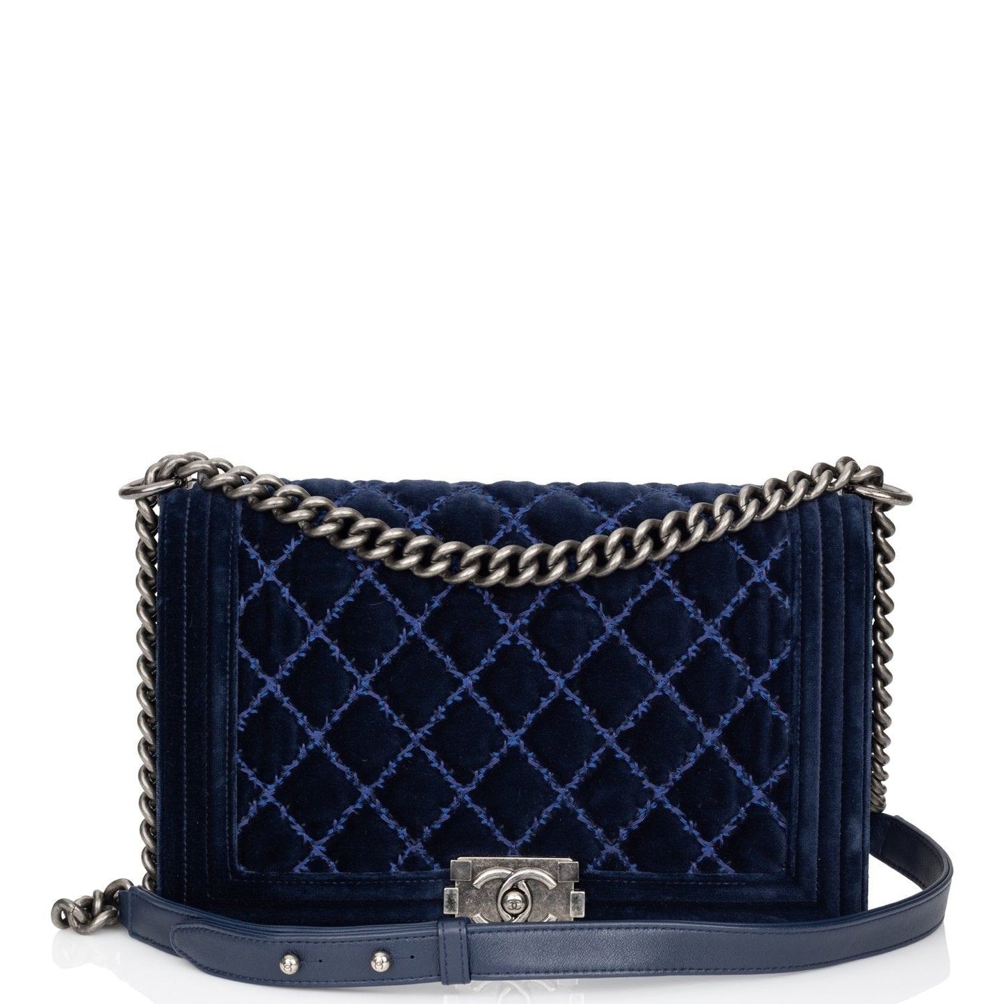 Pre-owned Chanel Large Boy Bag Blue Velvet Ruthenium Hardware