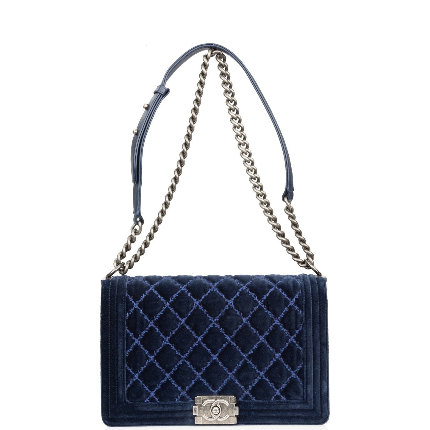 Pre-owned Chanel Large Boy Bag Blue Velvet Ruthenium Hardware