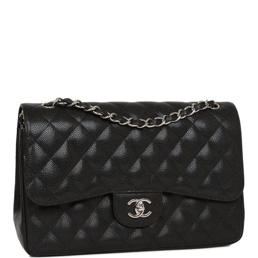 Pre-owned Chanel Jumbo Classic Double Flap Bag Black Caviar Silver Hardware
