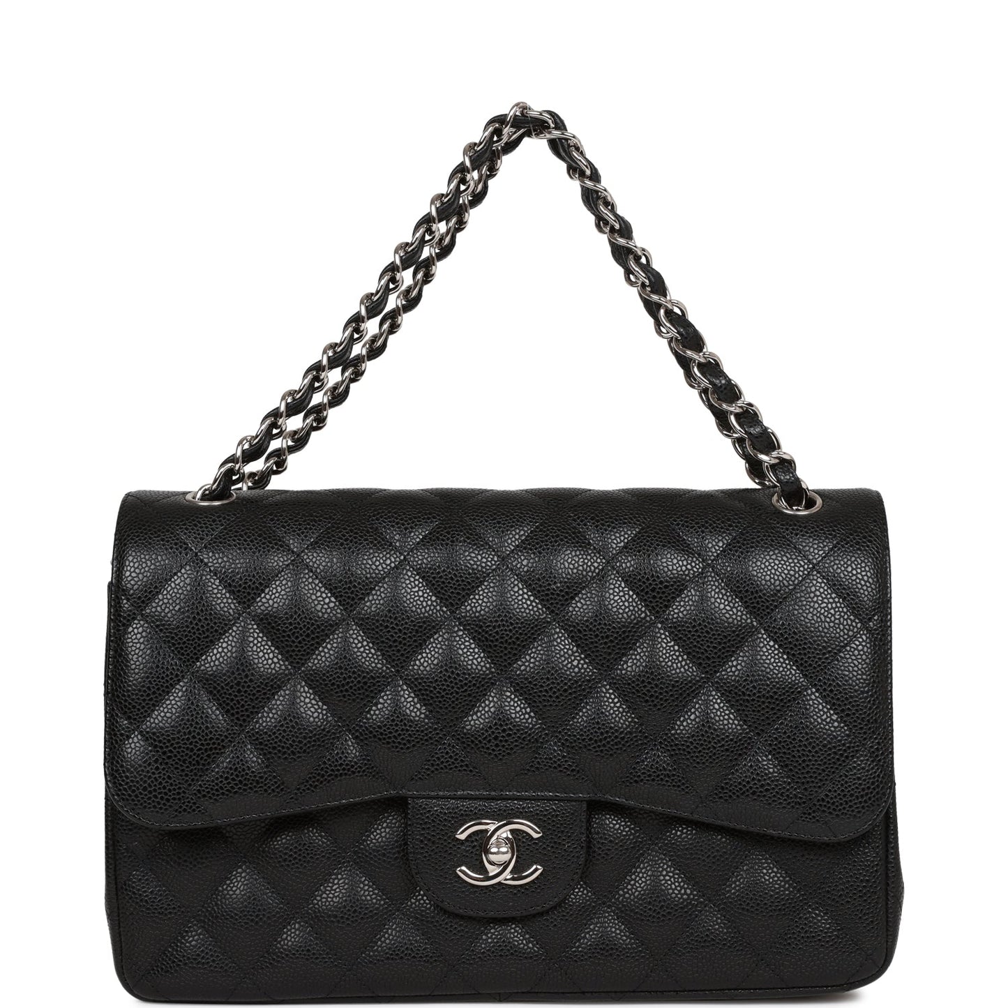 Pre-owned Chanel Jumbo Classic Double Flap Bag Black Caviar Silver Hardware