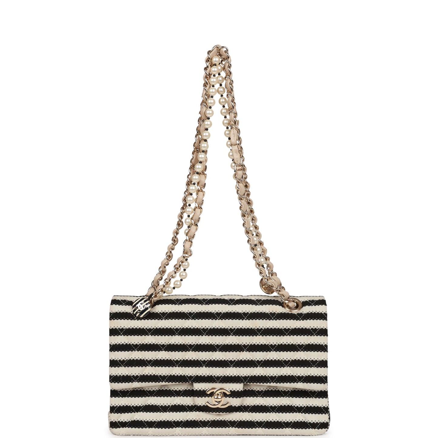 Pre-owned Chanel Medium Classic Double Flap Bag Black and Beige Striped Silk Light Gold Hardware