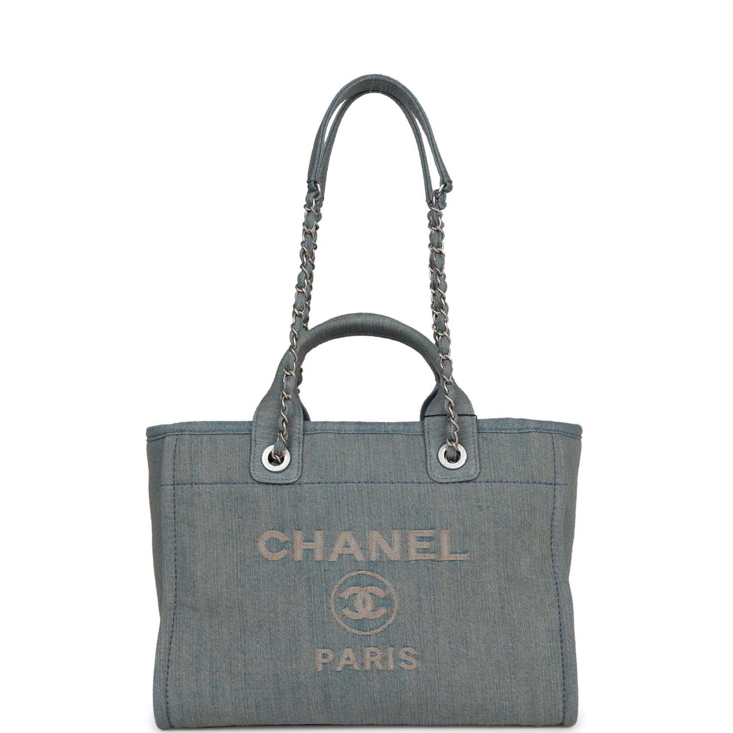 Chanel Small Deauville Shopping Bag Distressed Blue Denim Aged Silver Hardware