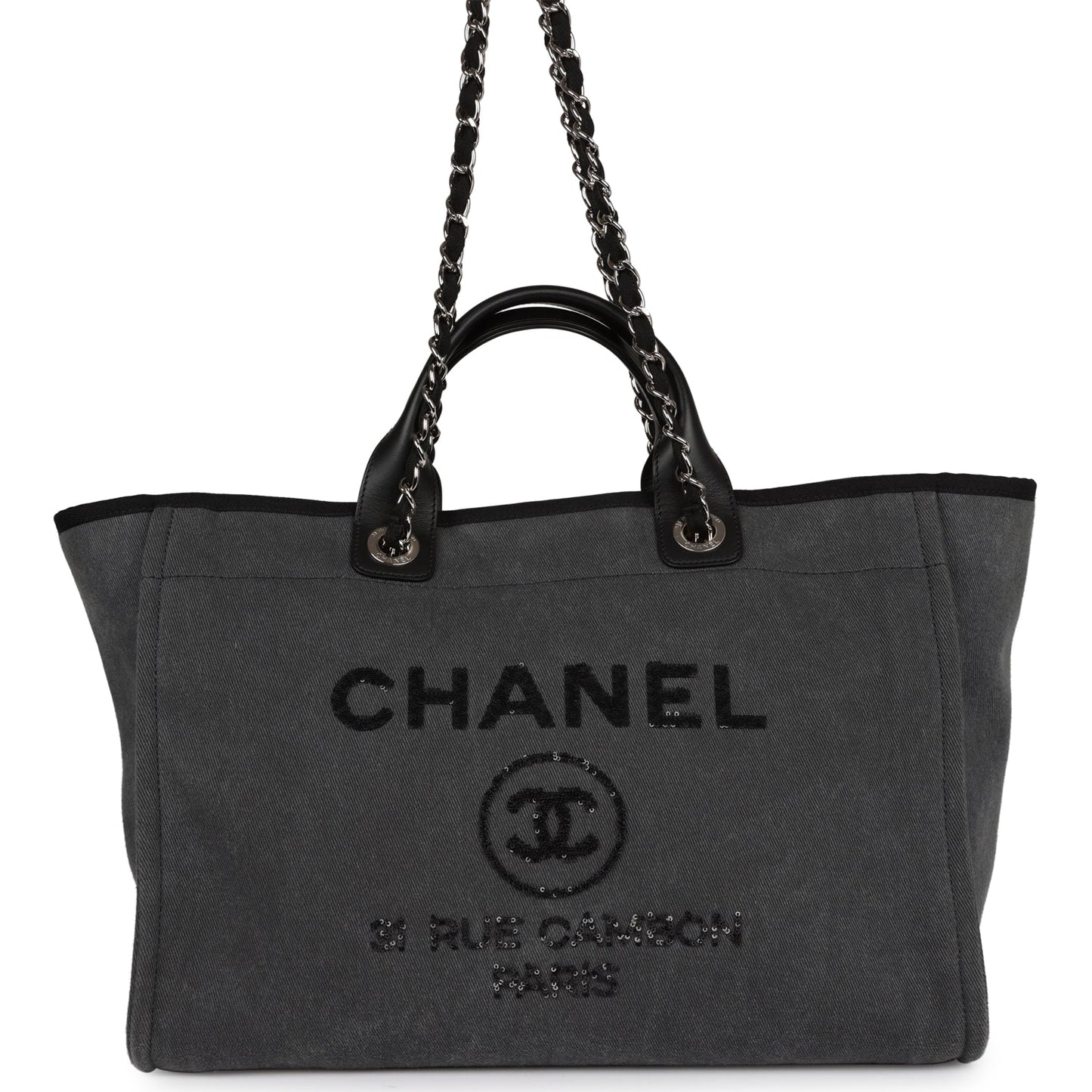 Chanel Medium Deauville Shopping Bag Dark Grey Denim Silver Hardware
