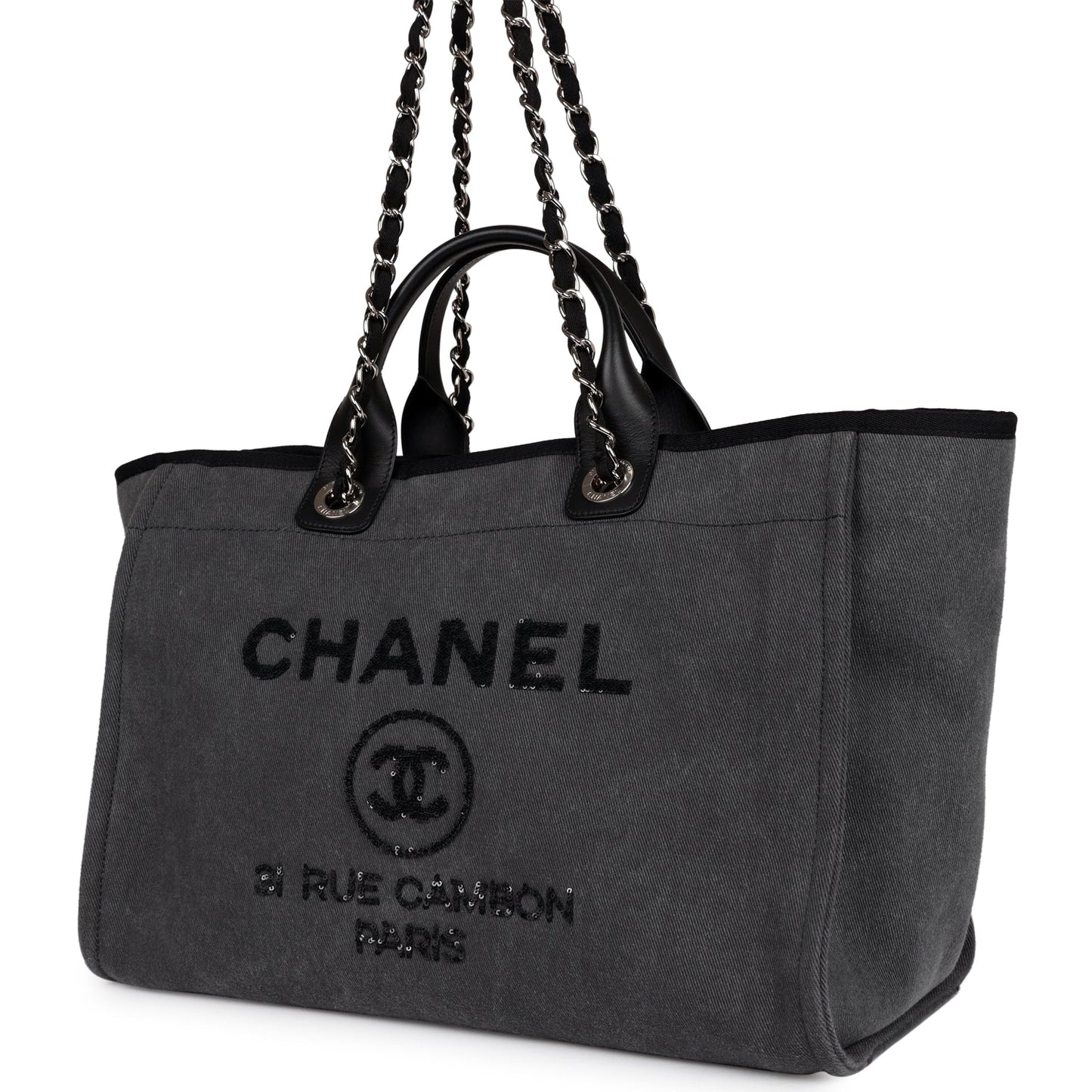 Chanel Medium Deauville Shopping Bag Dark Grey Denim Silver Hardware
