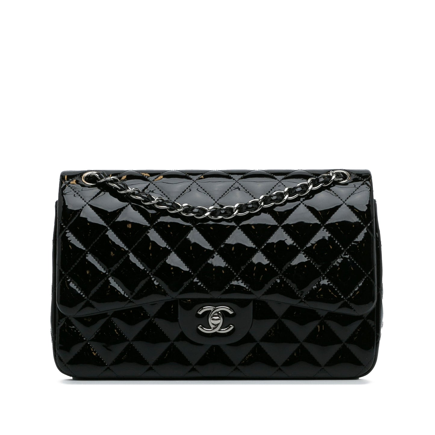 Chanel Classic Double Flap Jumbo Black Patent Leather Silver