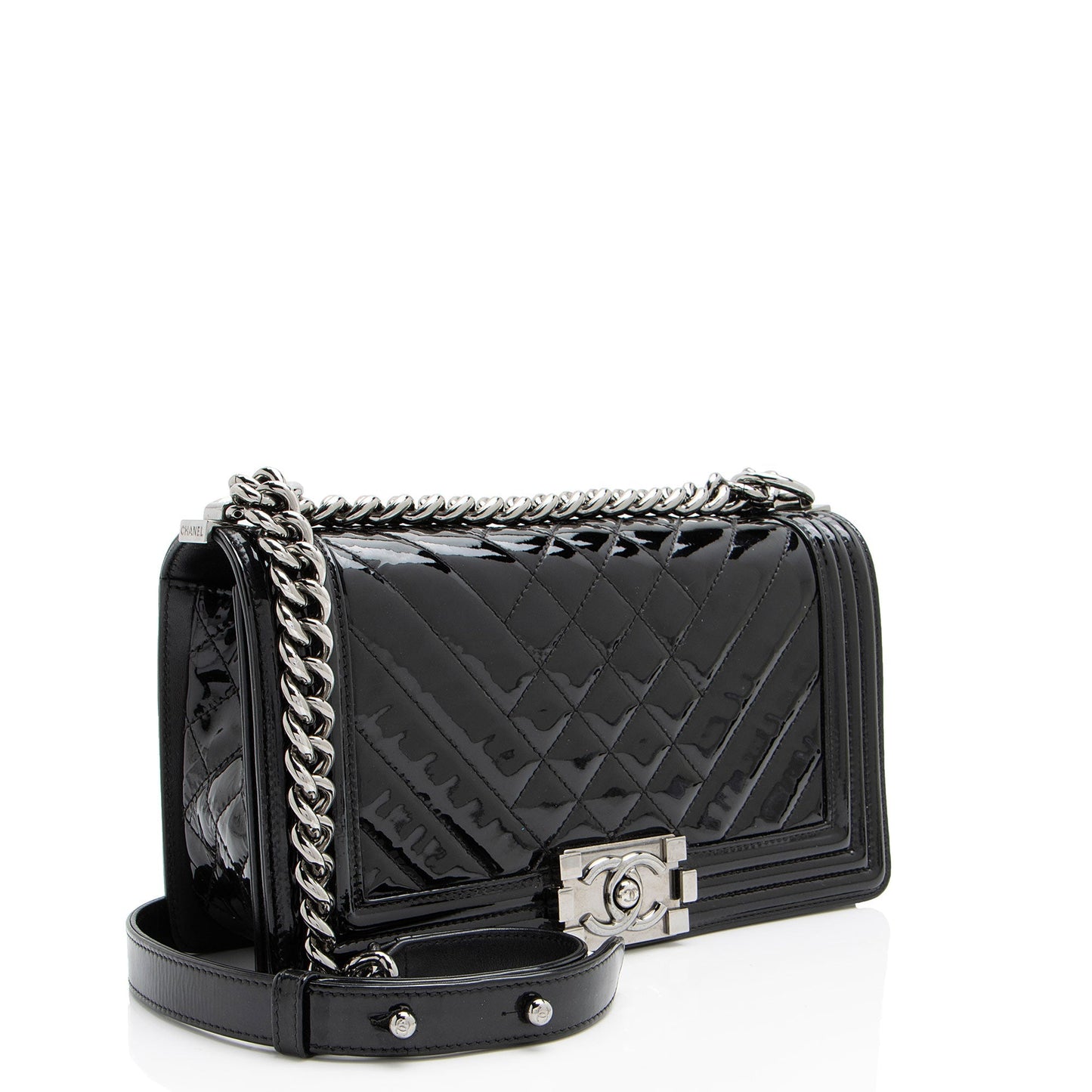 Chanel Chevron Patent Leather Old Medium Boy Bag (SHF-2P3jRA)