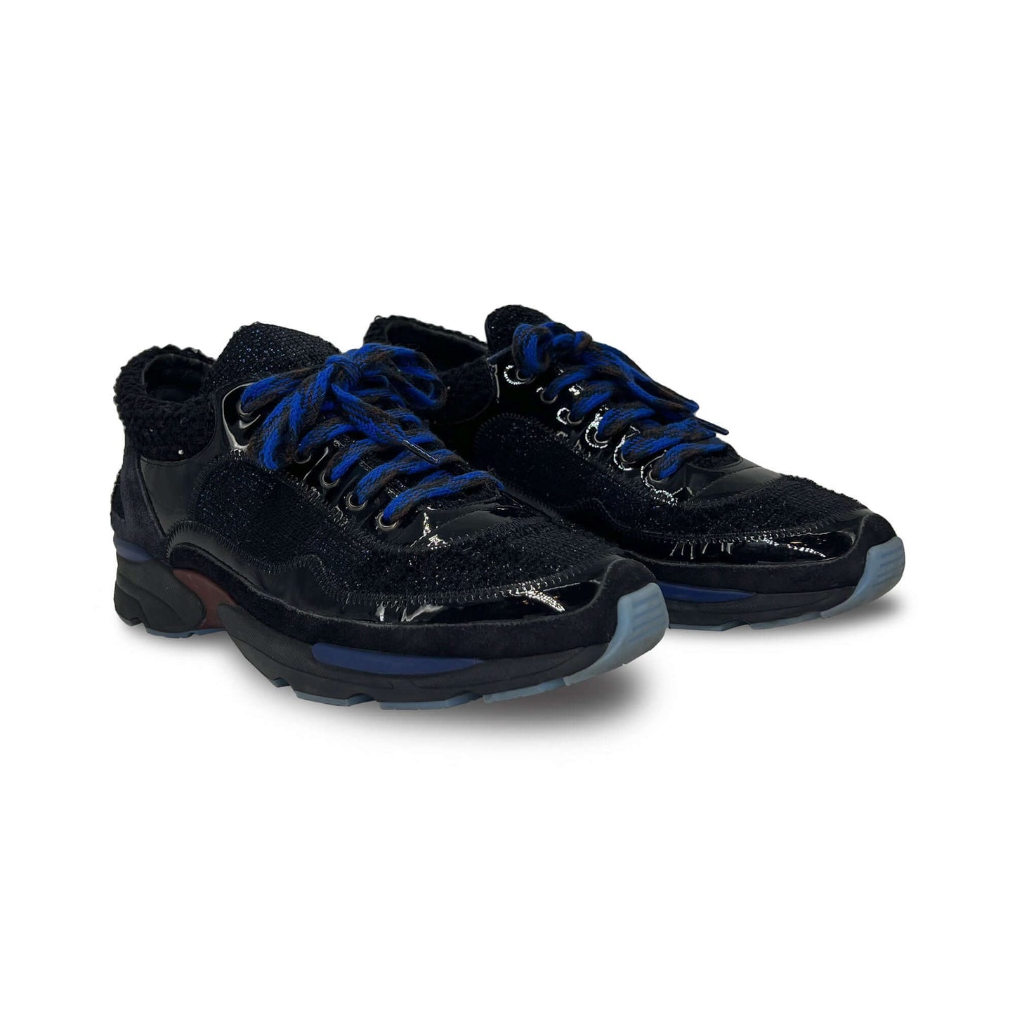 Chanel black and blue patent leather and tweed sneakers