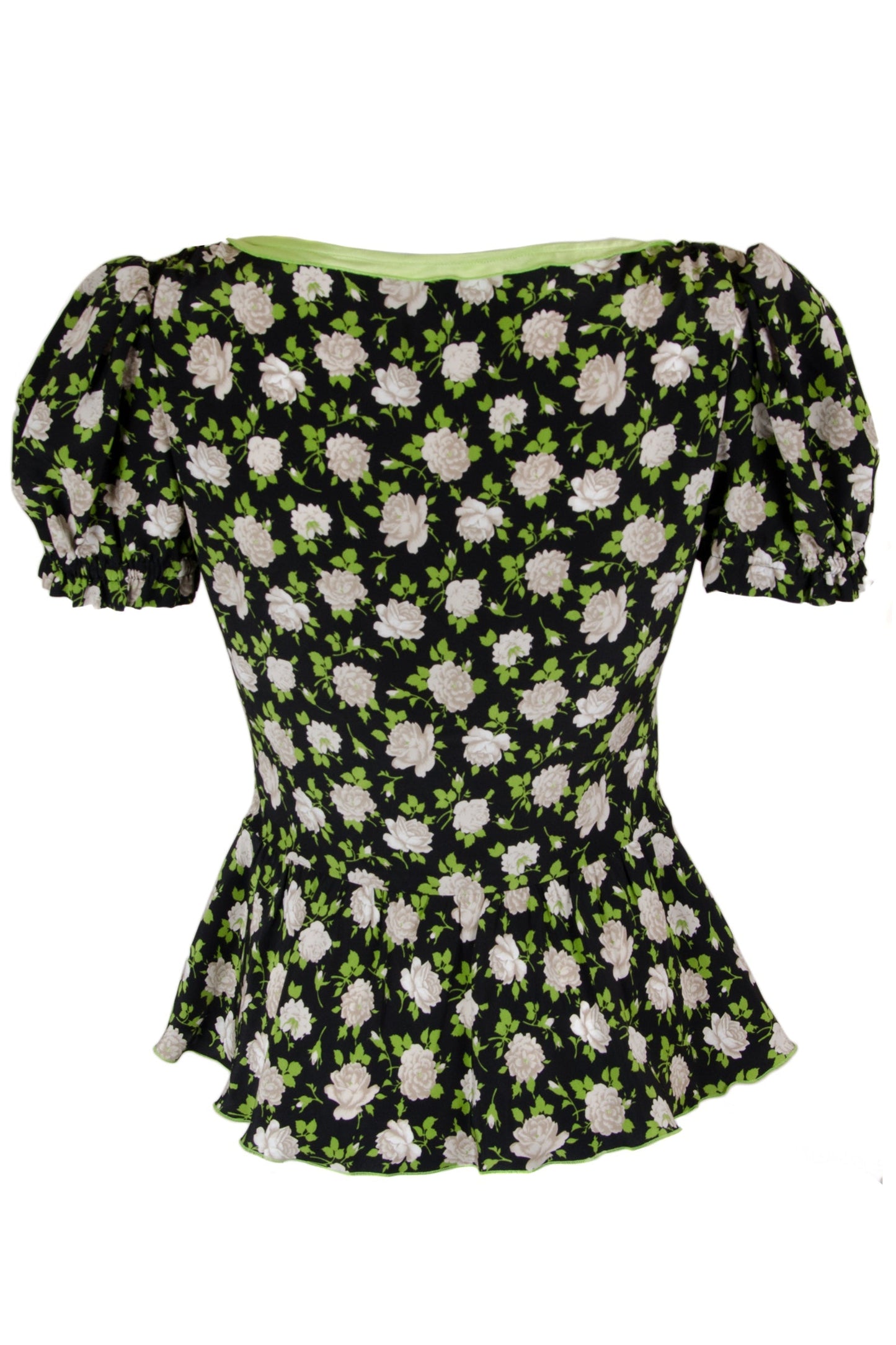 Silk Floral Puff Sleeve Zip Blouse