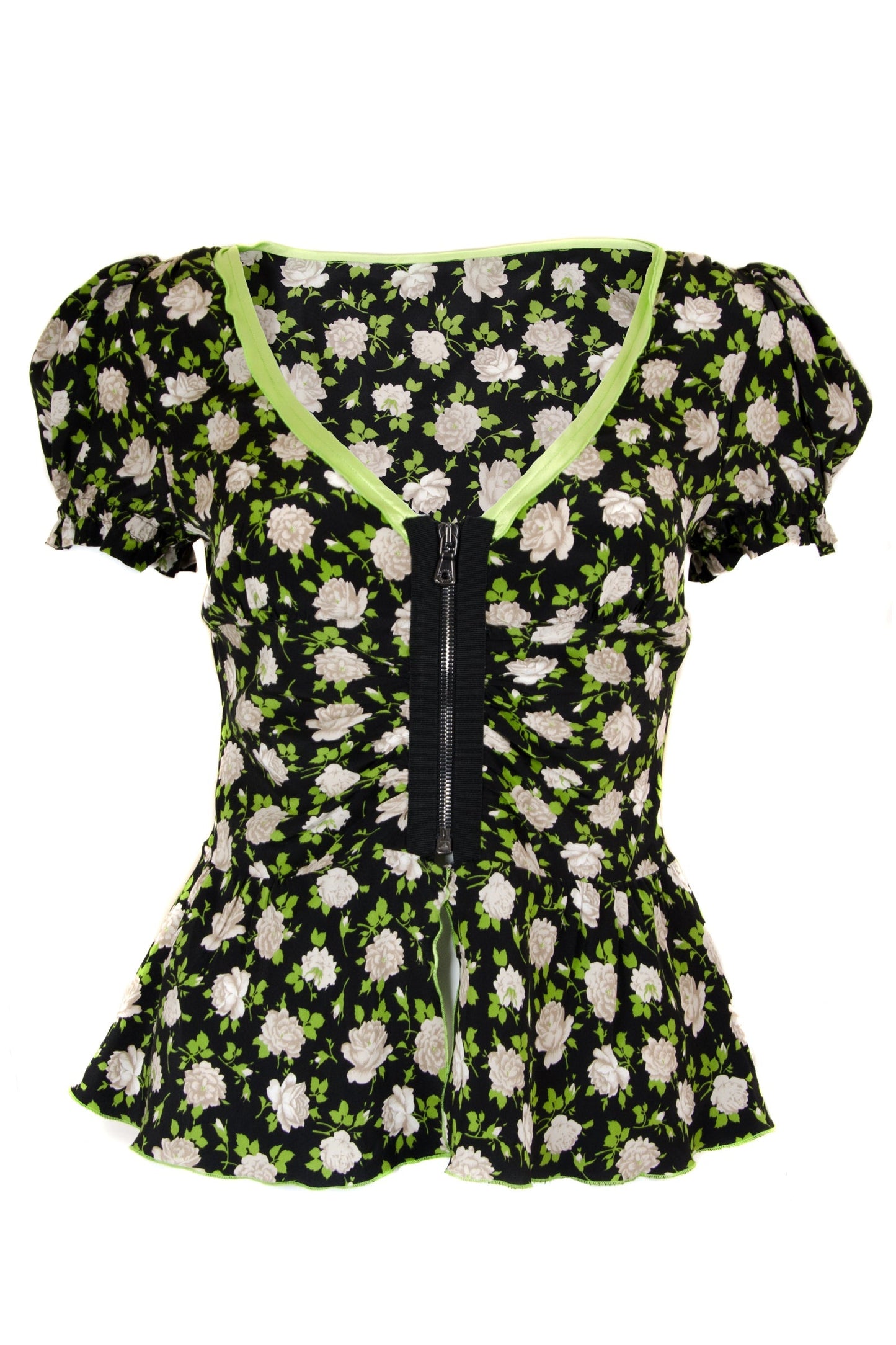 Silk Floral Puff Sleeve Zip Blouse