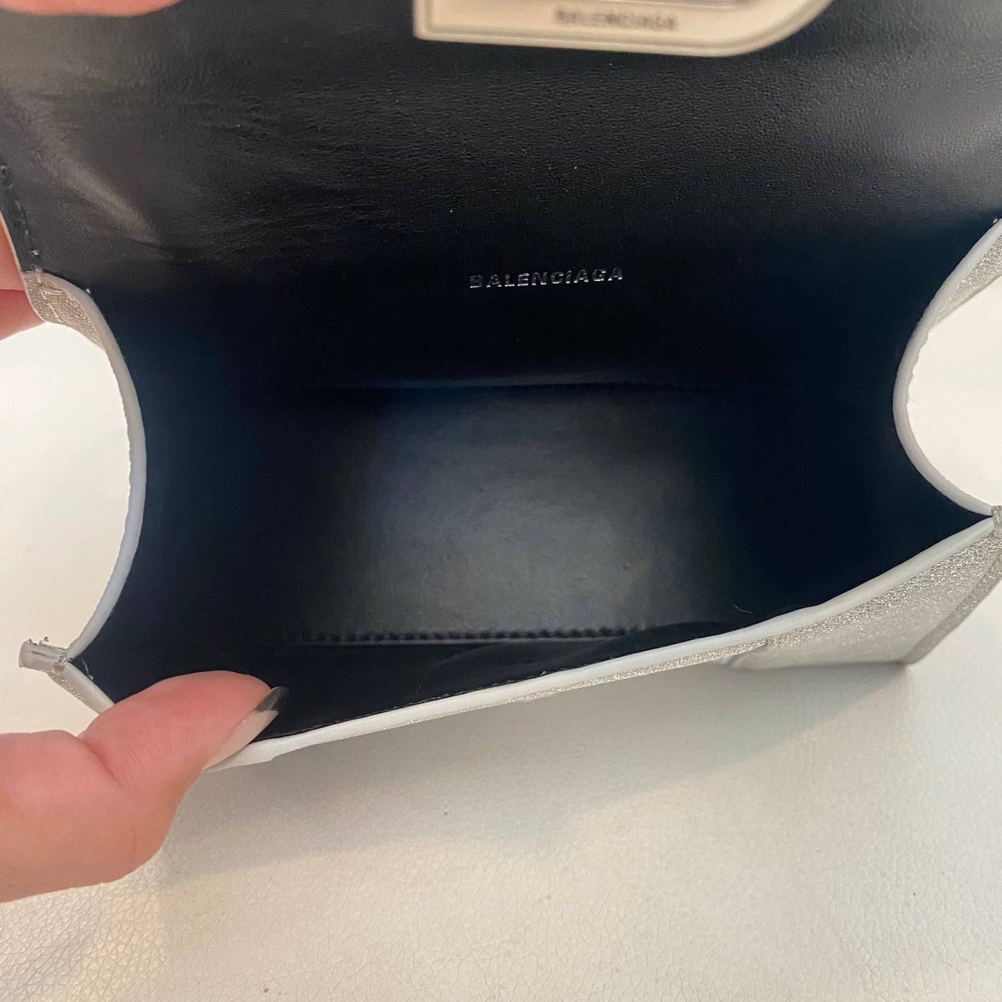 BALENCIAGA Hourglass Mini Glitter Top Handle Bag Silver