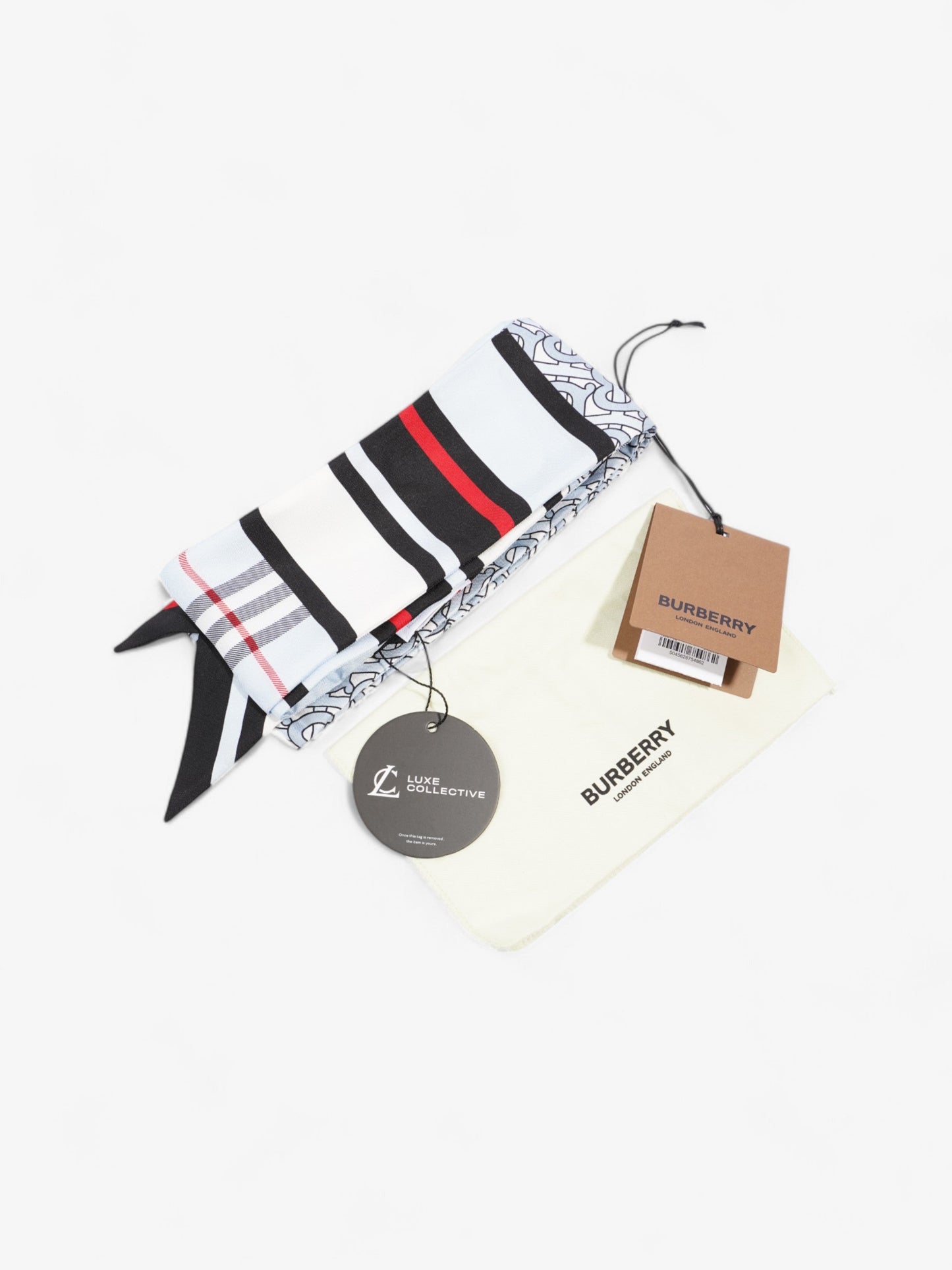 Burberry Triple Check Monogram Stripe Skinny Scarf Pale Blue Silk