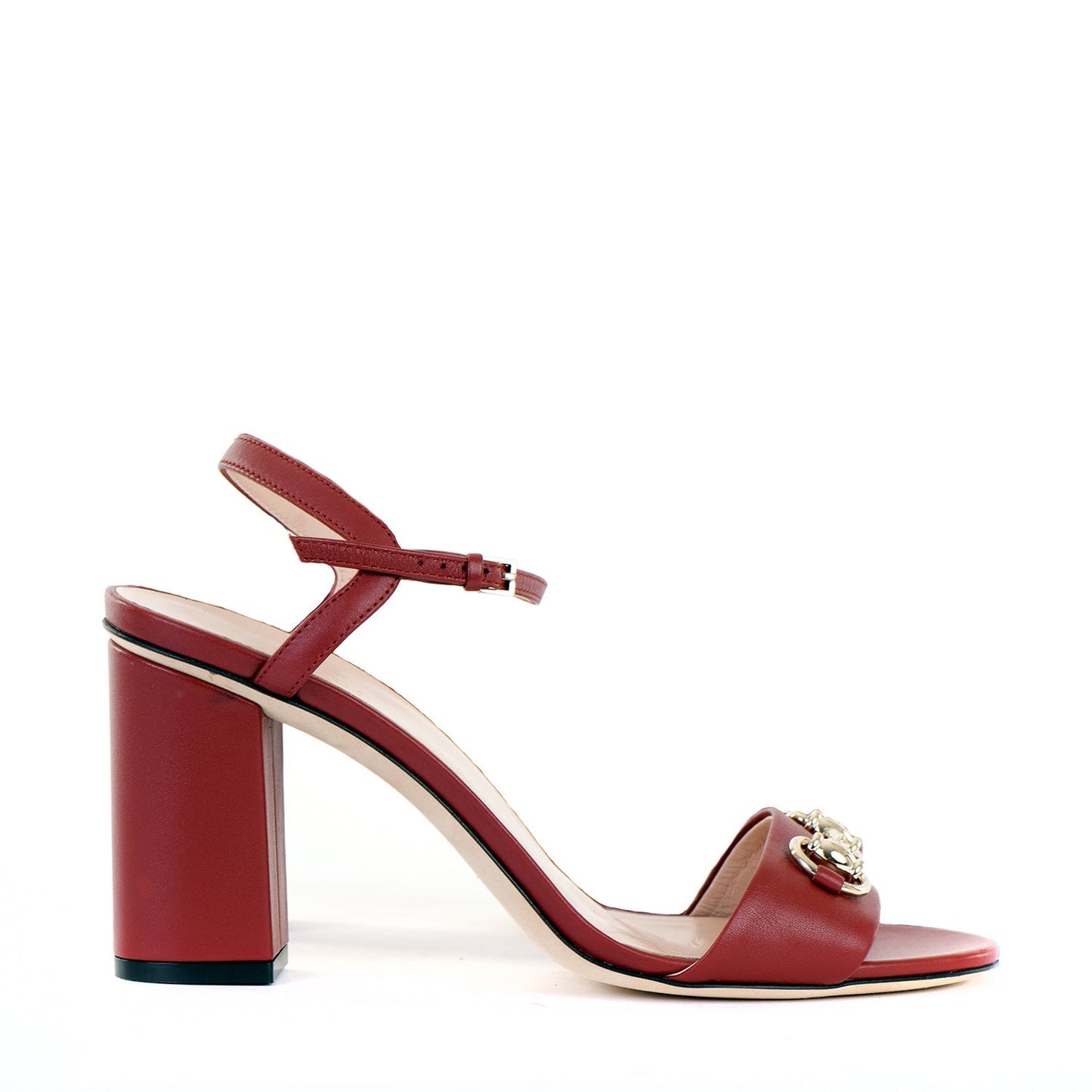 Burgundy Horsebit Block Heel Sandals