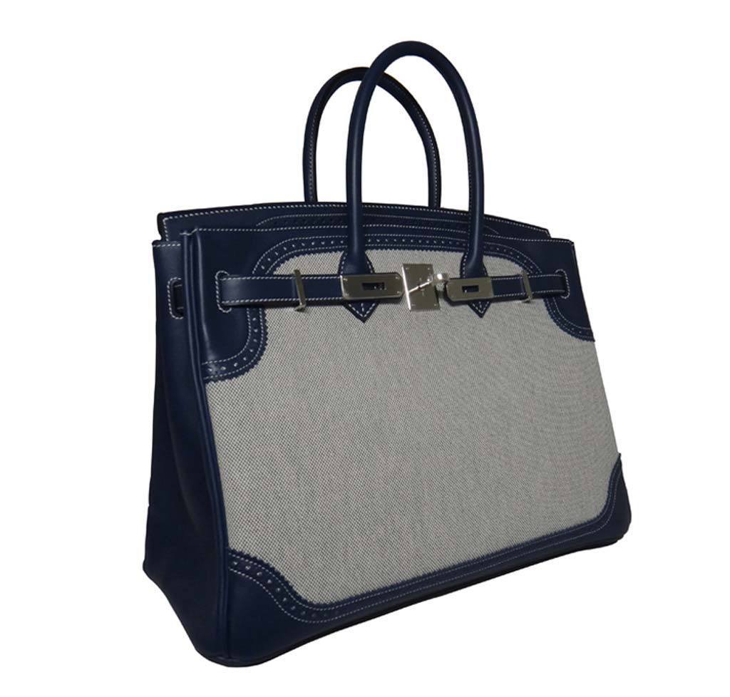 HermÃƒÆ’Ã‚Â¨s Birkin Ghillies 35 Bag Blue Toile