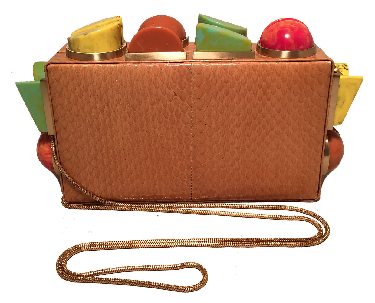 Tonya Hawkes Tan Faux Snakeskin Convertible Clutch with Marble Multicolor Studs