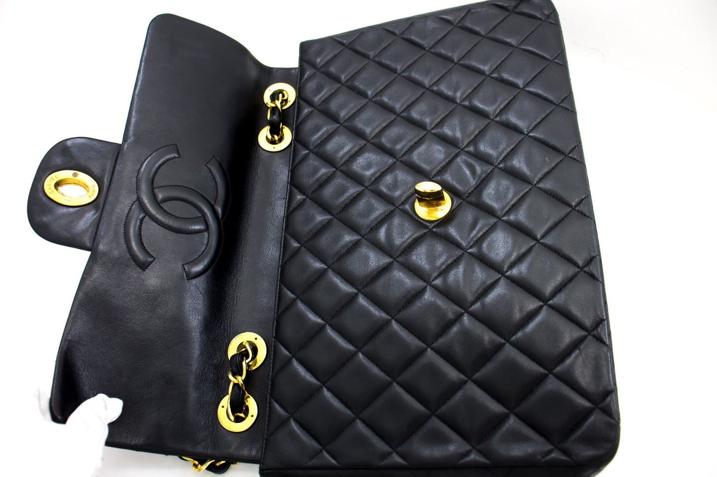 CHANEL Classic Maxi 13" 2.55 Flap Chain Shoulder Bag Black Lamb h22