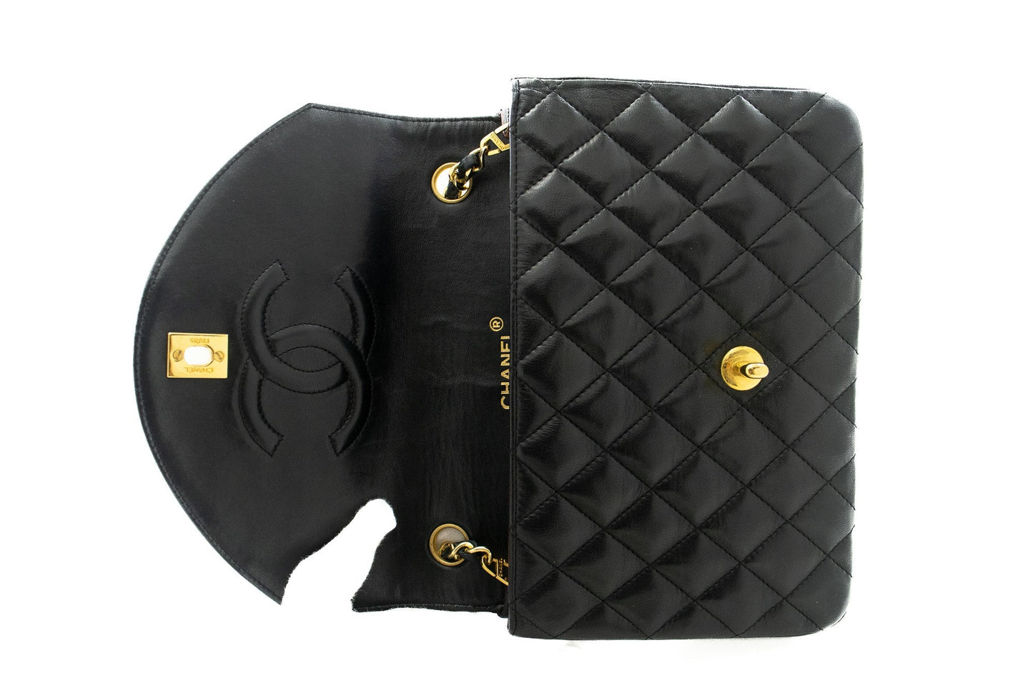 CHANEL Half Moon Chain Shoulder Bag Crossbody Black Quilted Flap k22