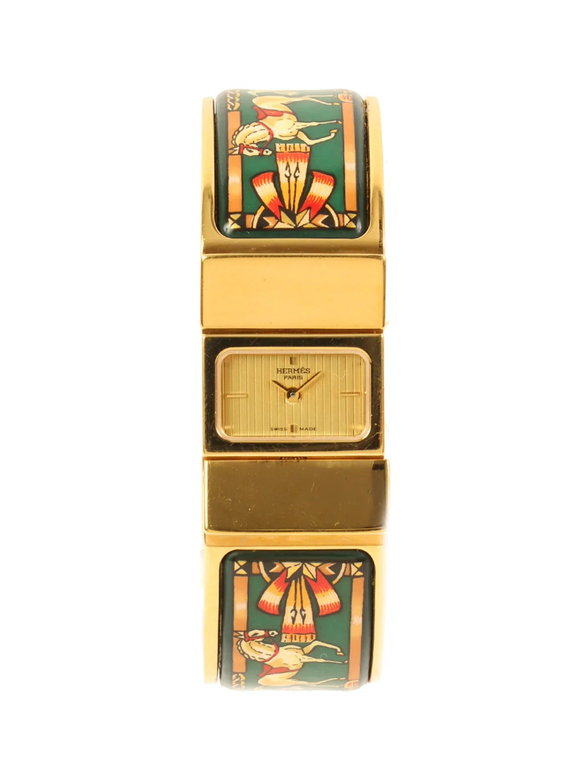 HERMES Loquet Enamel Bangle Watch Gold/Green