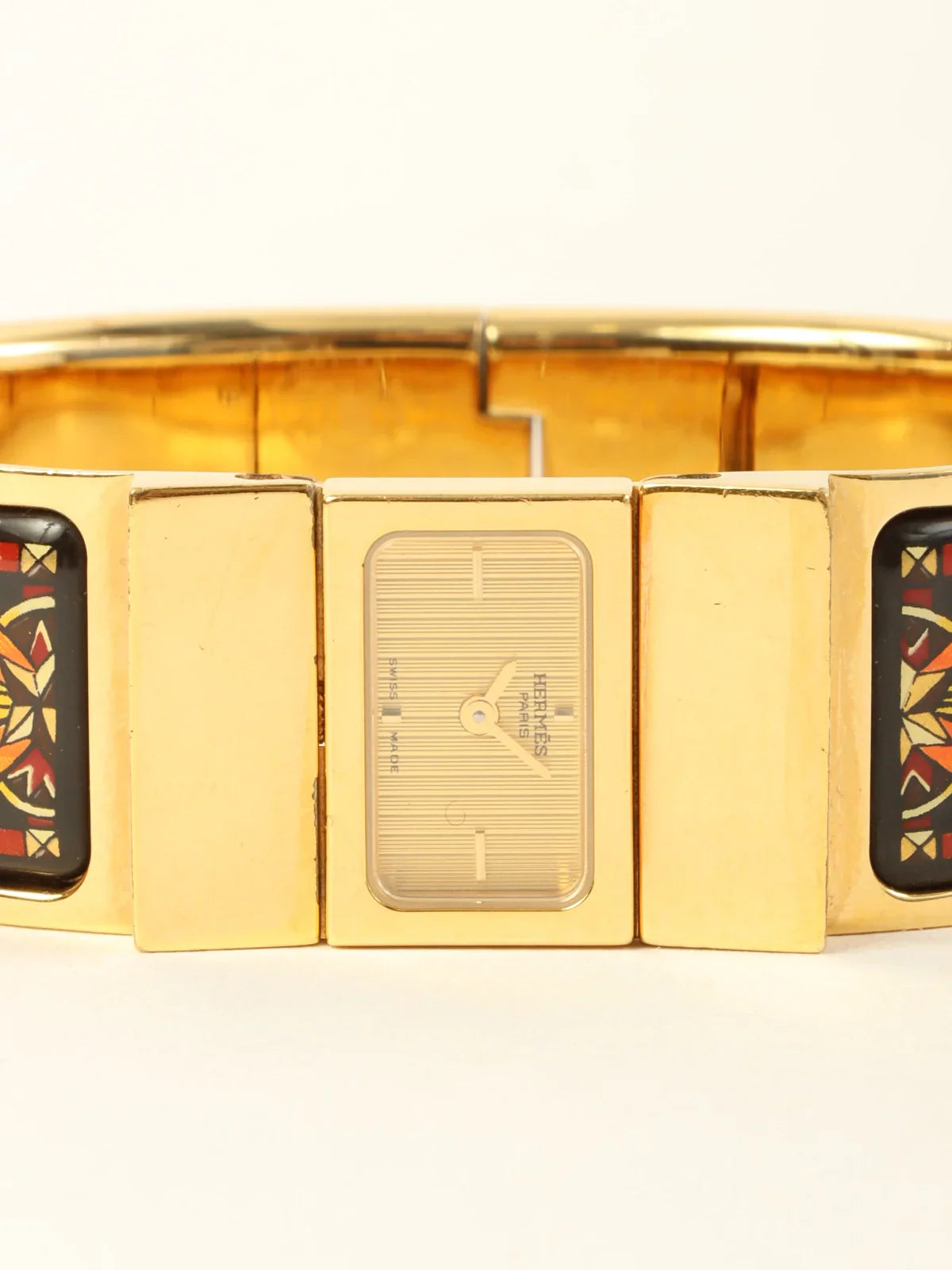 HERMES Loquet Enamel Bangle Watch Gold/Black