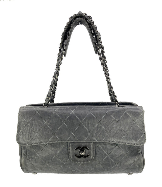 Chanel Gray Distressed Leather Quilted Classic Flap