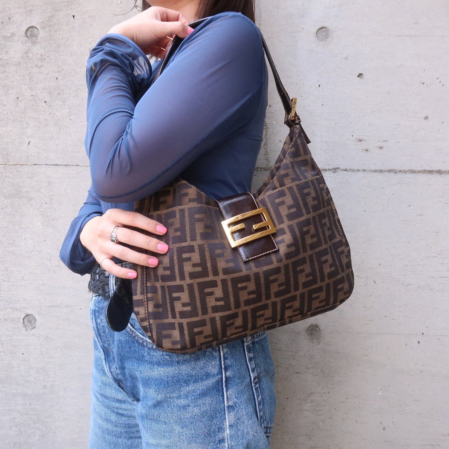 FENDI Zucca Canvas Leather Shoulder Bag Brown Black 26569