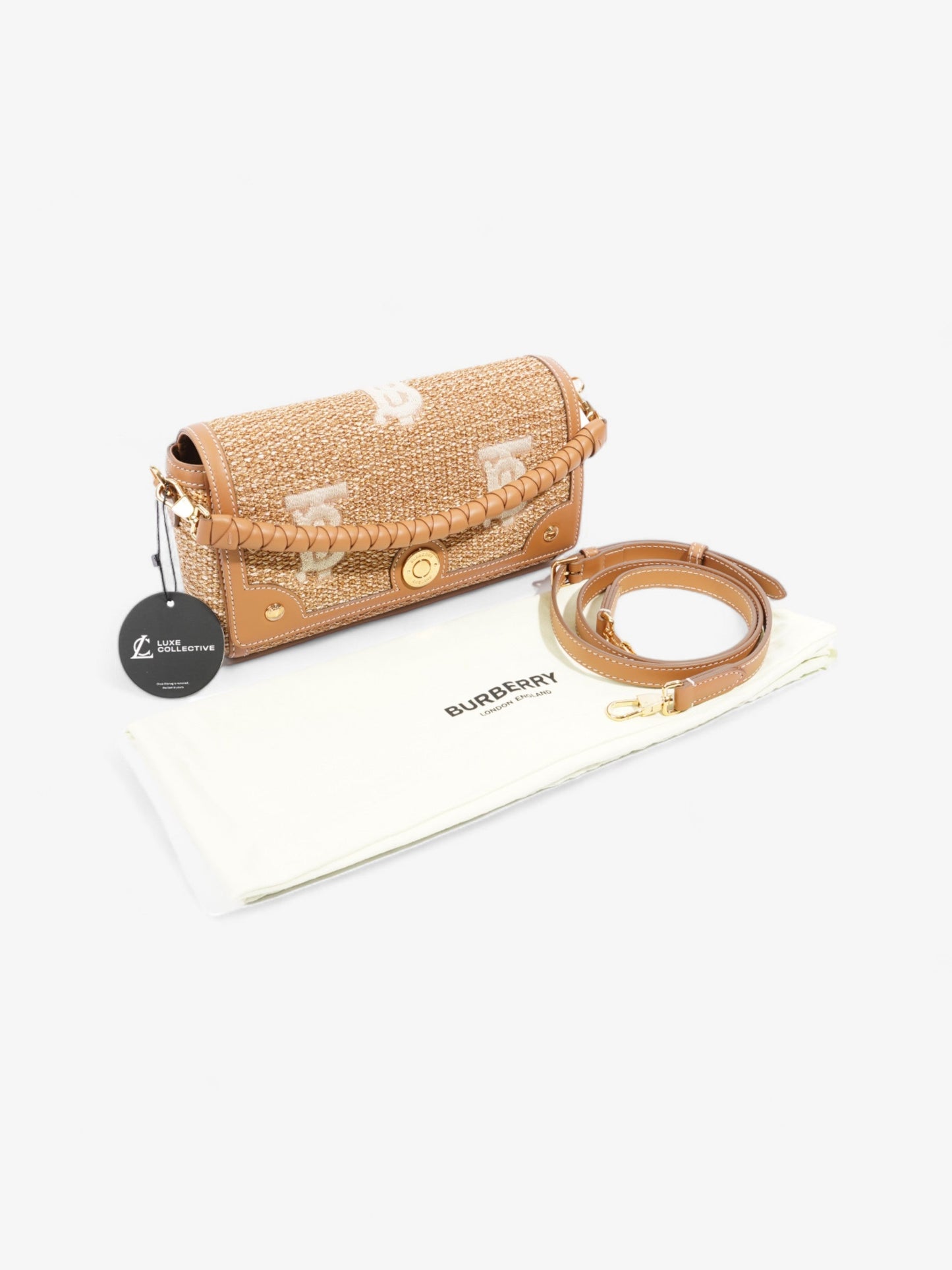Burberry Top Handle Note Bag Natural Polyester Small