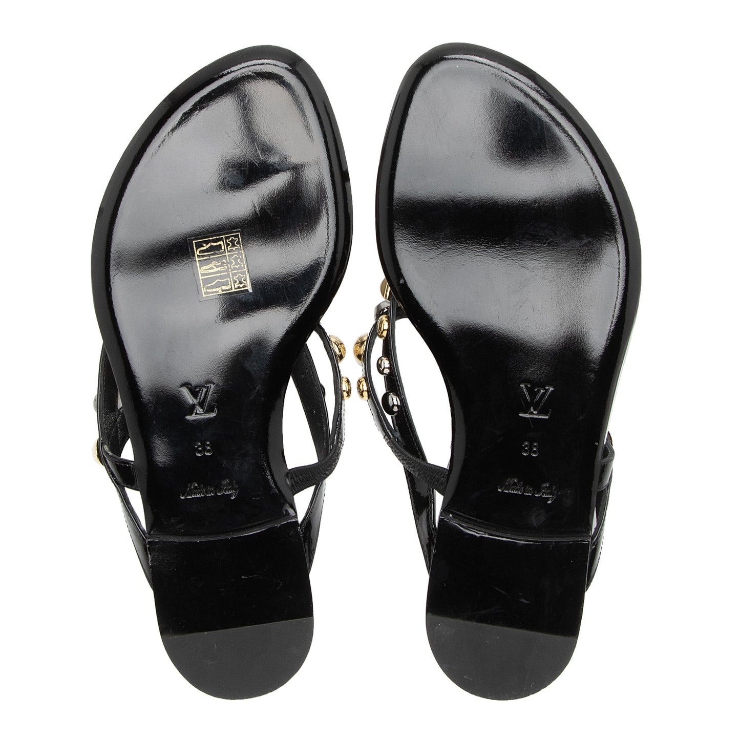 Louis Vuitton Patent Leather Studded Slide Sandals - Size 8 / 38 (SHF-23338)