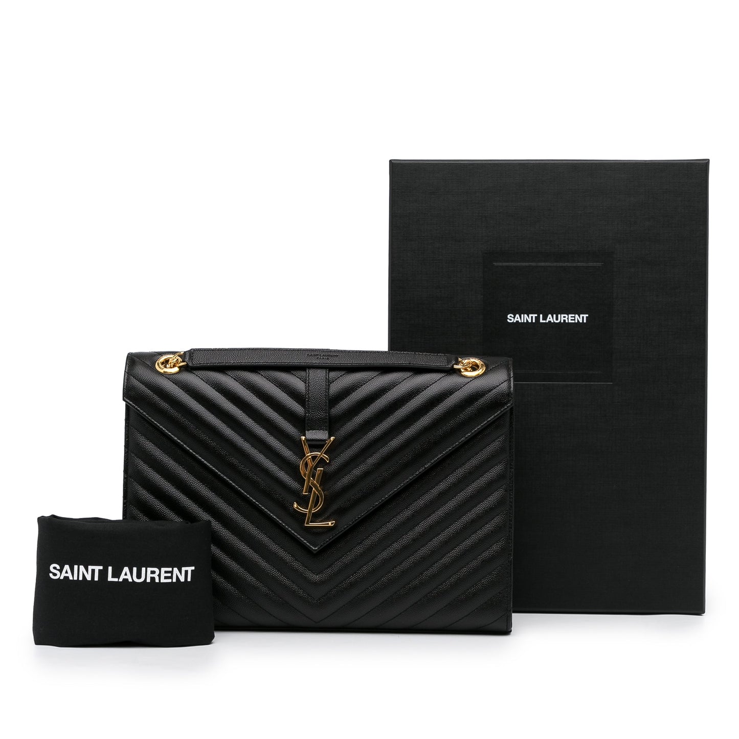 Yves Saint Laurent Envelope Large Black Chevron Quilted Leather