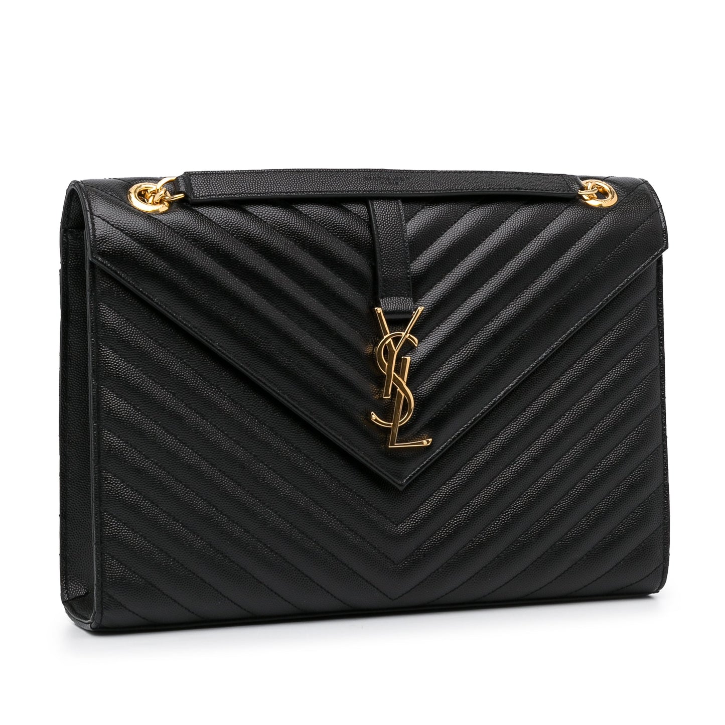 Yves Saint Laurent Envelope Large Black Chevron Quilted Leather