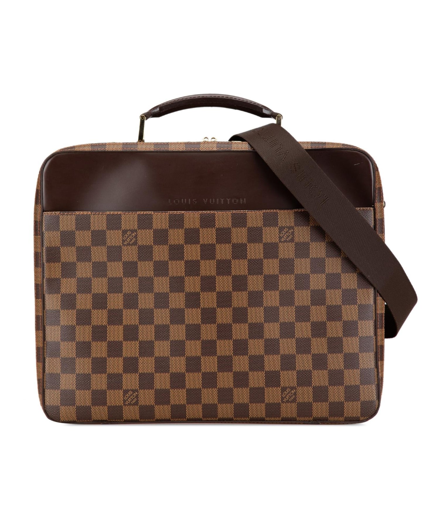 Damier Ebene Canvas Laptop Bag with Leather Trim and Adjustable Strap