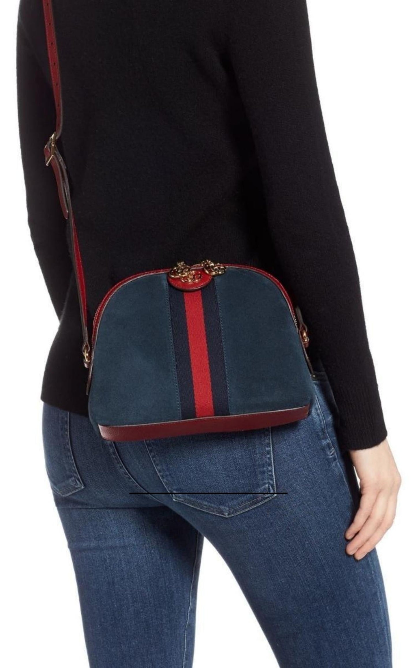 Navy Leather Suede Ophidia Shoulder Bag