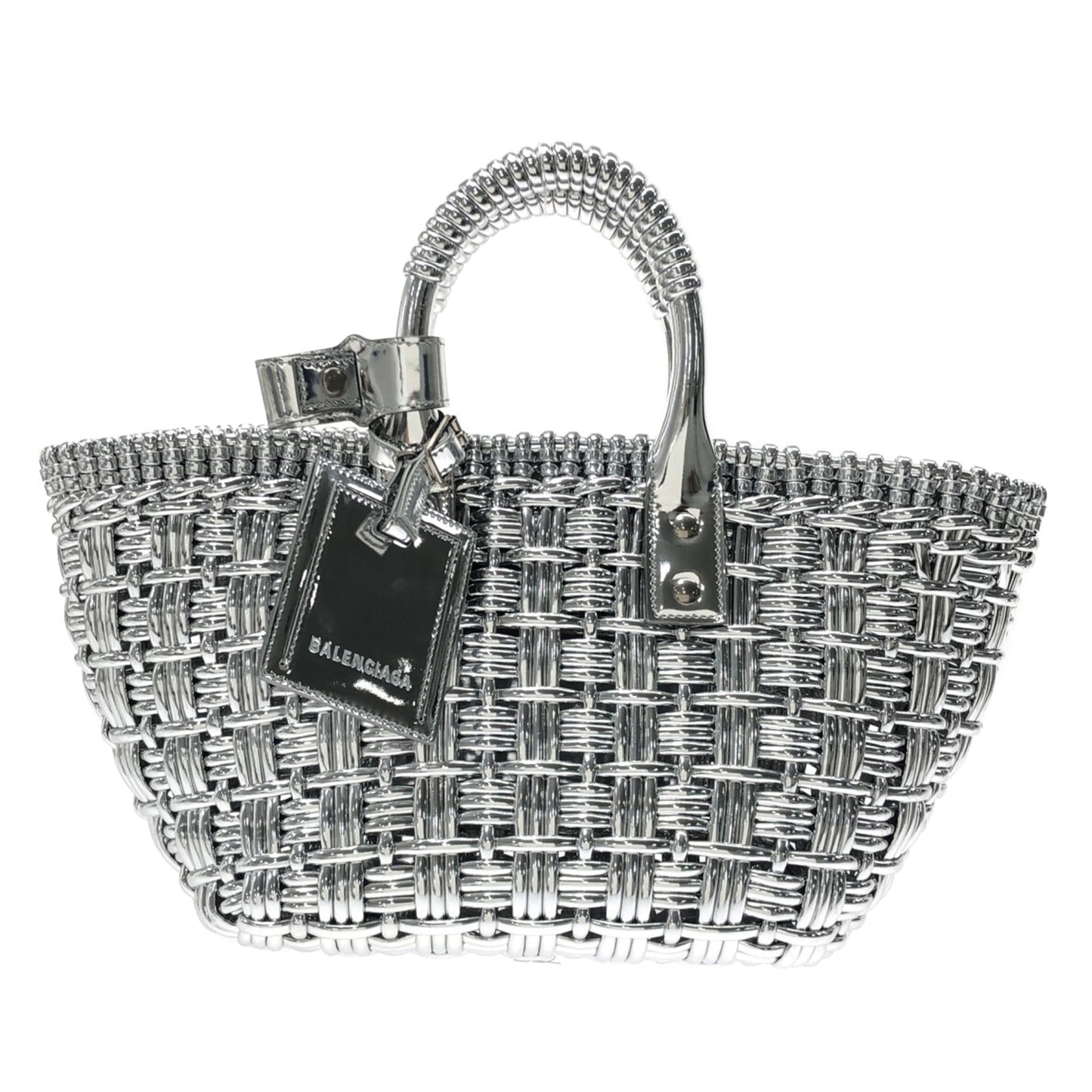 Silver Balenciaga XS Mettalic Woven Bistrot Panier Tote Satchel