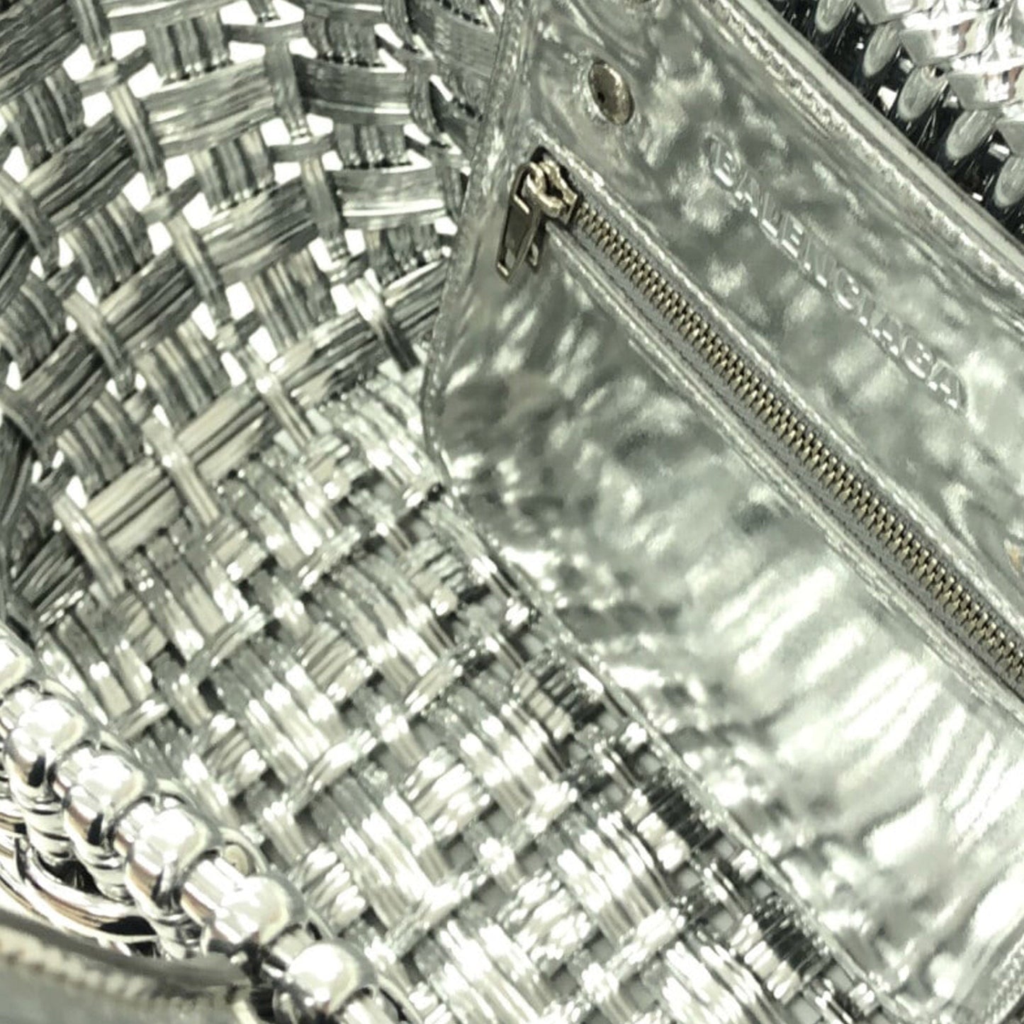 Silver Balenciaga XS Mettalic Woven Bistrot Panier Tote Satchel
