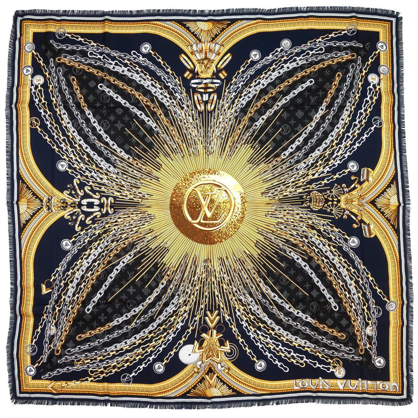 Louis Vuitto Vendome Giant Square Navy Blue Silk Scarf
