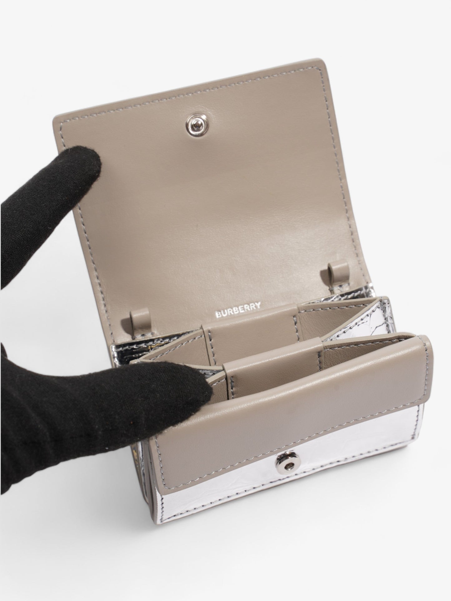 Burberry Jessie Card Holder Silver Embossed Leather