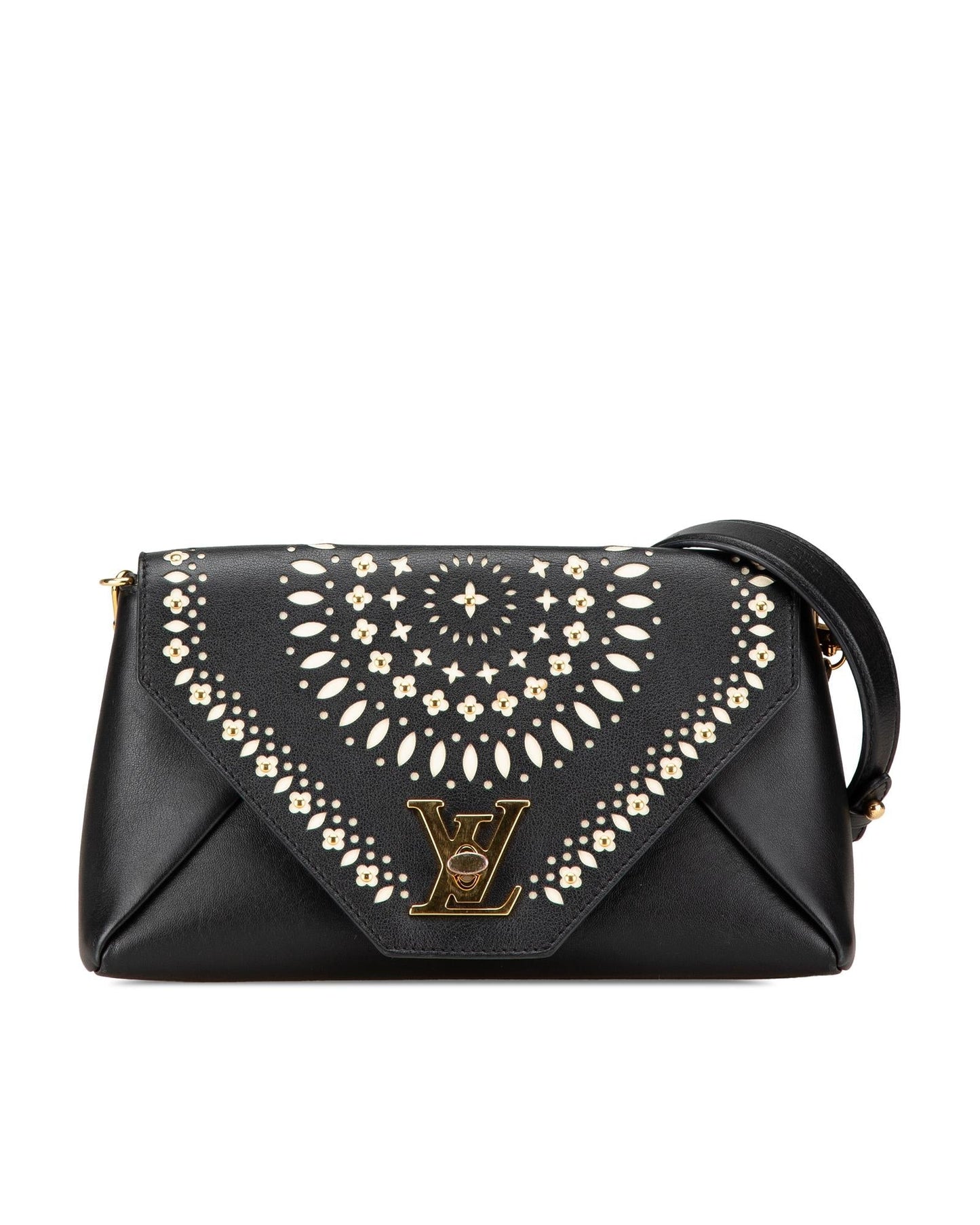 Embellished Leather Bag with Detachable Chain Strap and Twist Lock Closure