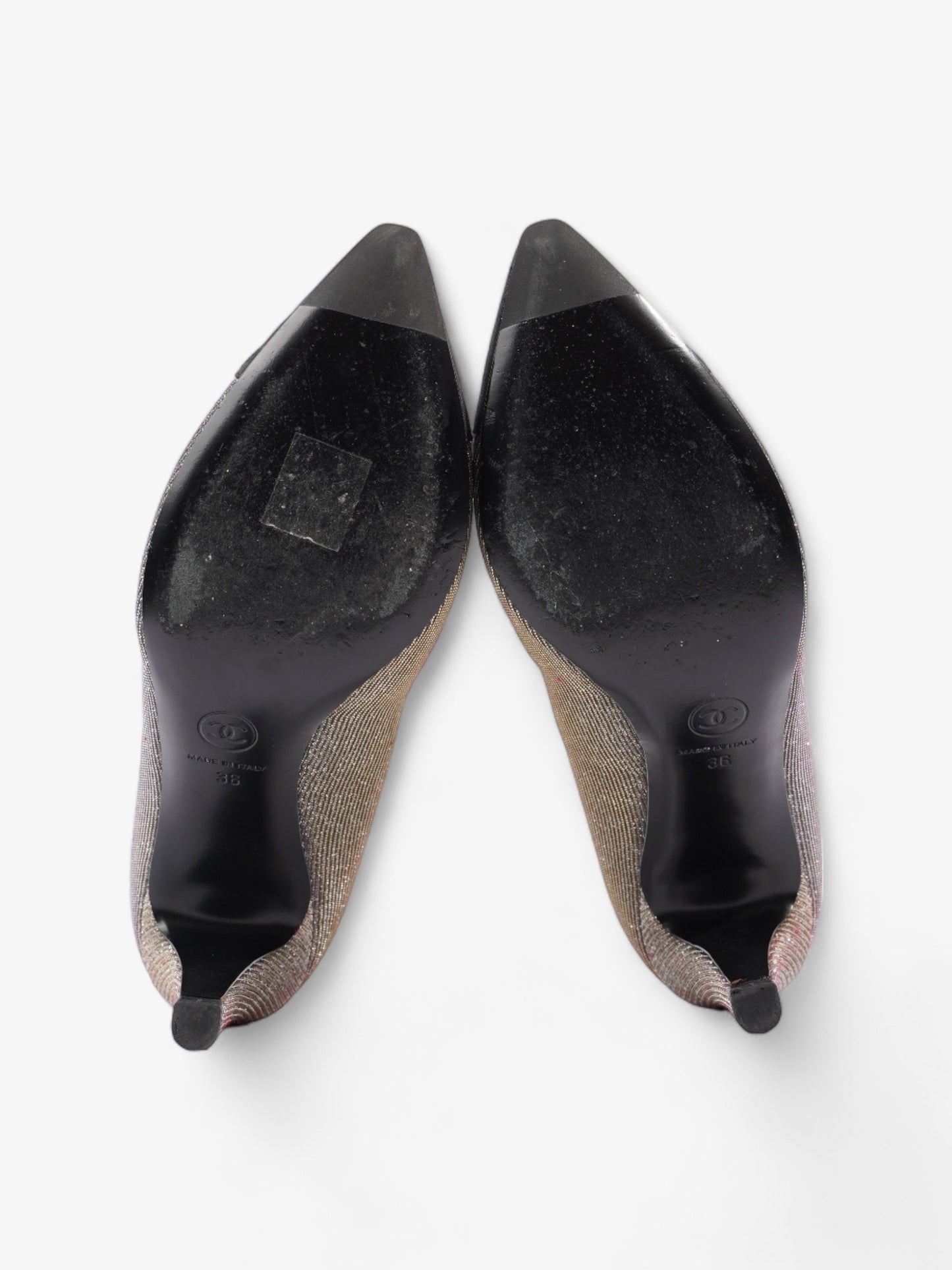 Chanel Pointed Cap Toe Pumps 70mm Black / Gold Canvas EU 36 UK 3
