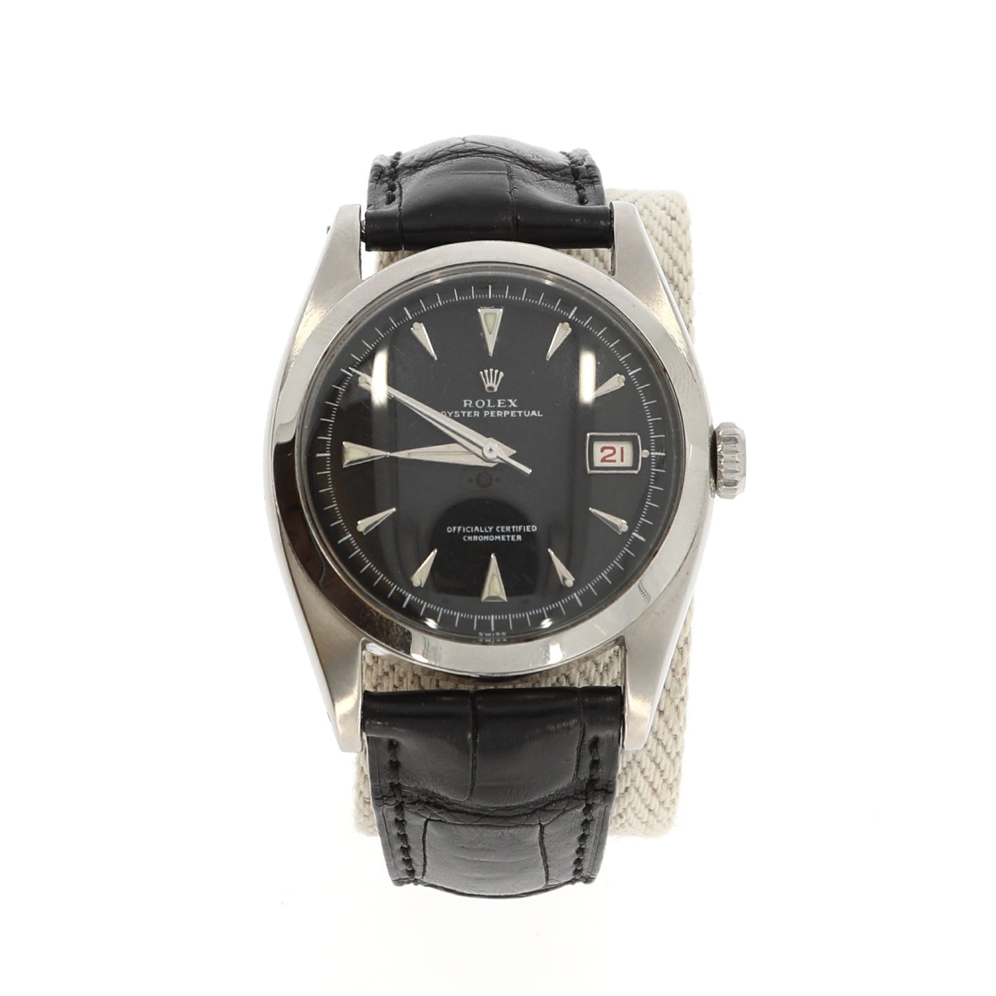 ROLEX Ovettone Big Bubble Back steel watch with croco bracelet