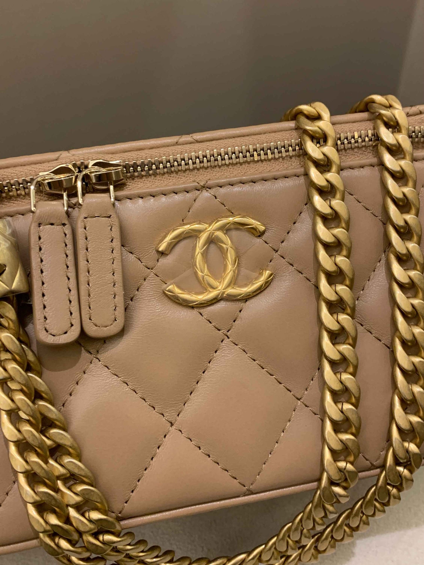 Chanel 22K Quilted Mini Crush Vanity Rectangular Dark Beige Lambskin