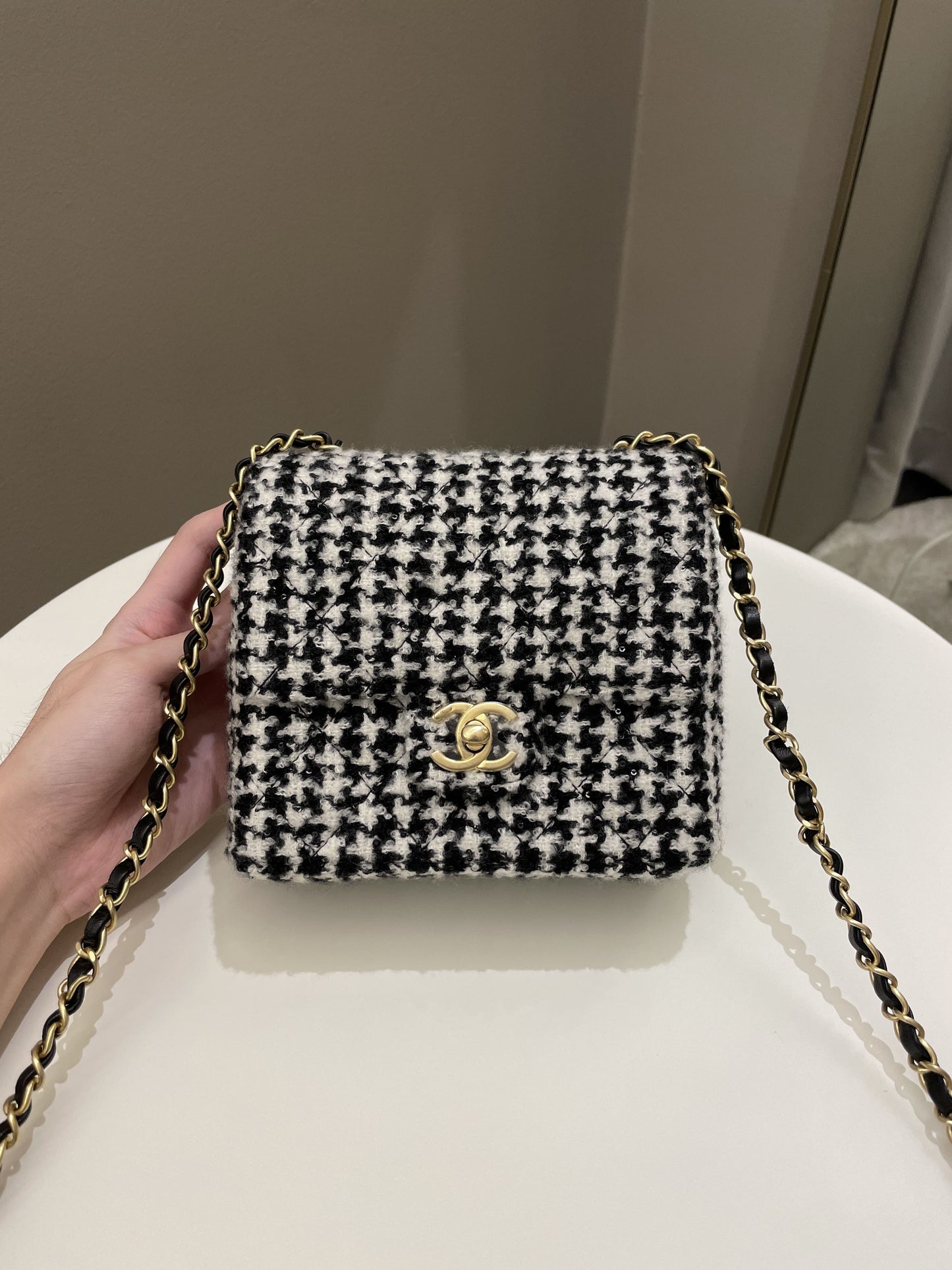 Chanel 22K Houndstooth Mini Square Black/ White Sequin Tweed