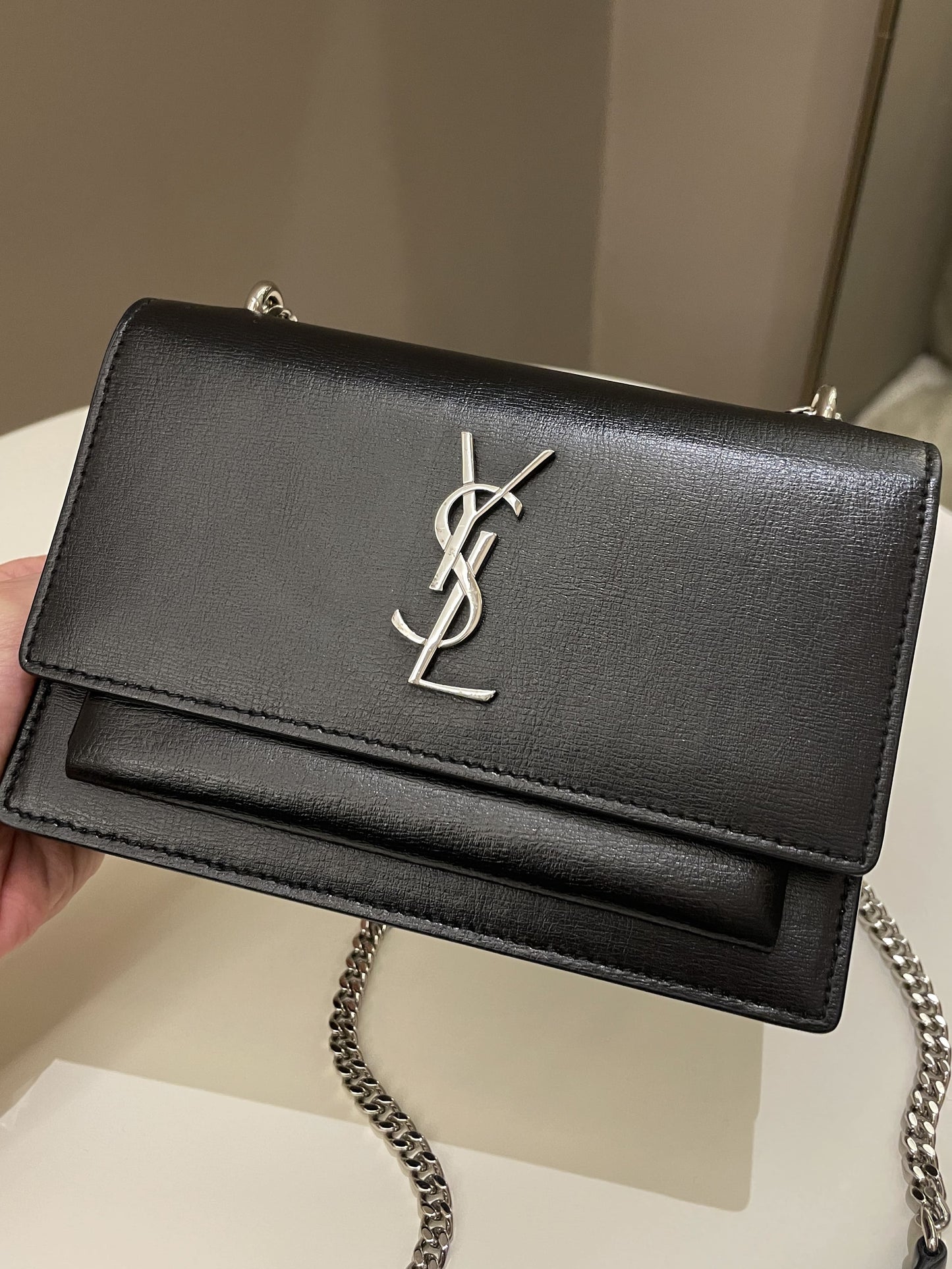 Saint Laurent Sunset Wallet On Chain Black Stiff Calf