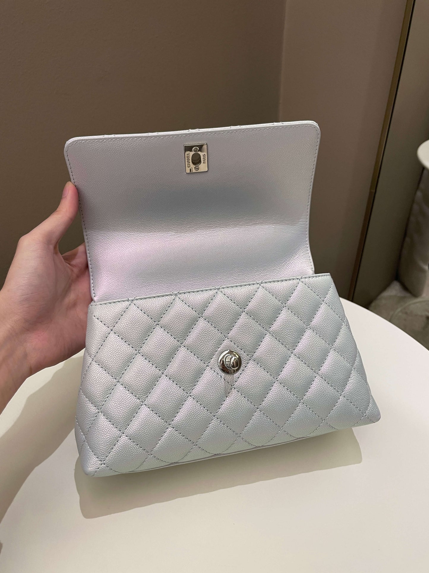 Chanel 21K Quilted Coco Handle Blue Iridescent Caviar